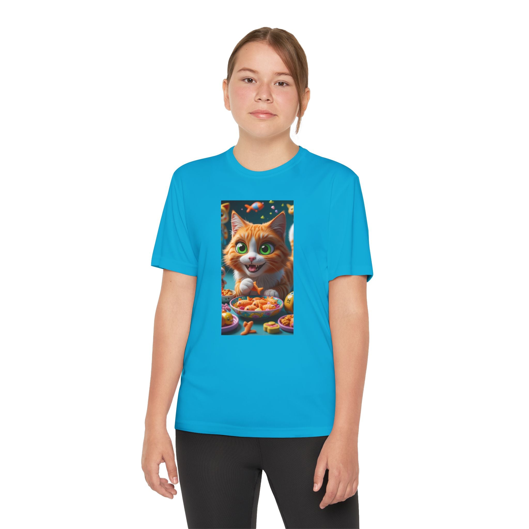 Youth Competitor Tee - Cat eating goldfish crackers, Kids T-shirt, Children's shirt, Funny animal graphic tee, Cat lover gift, Kids fashion