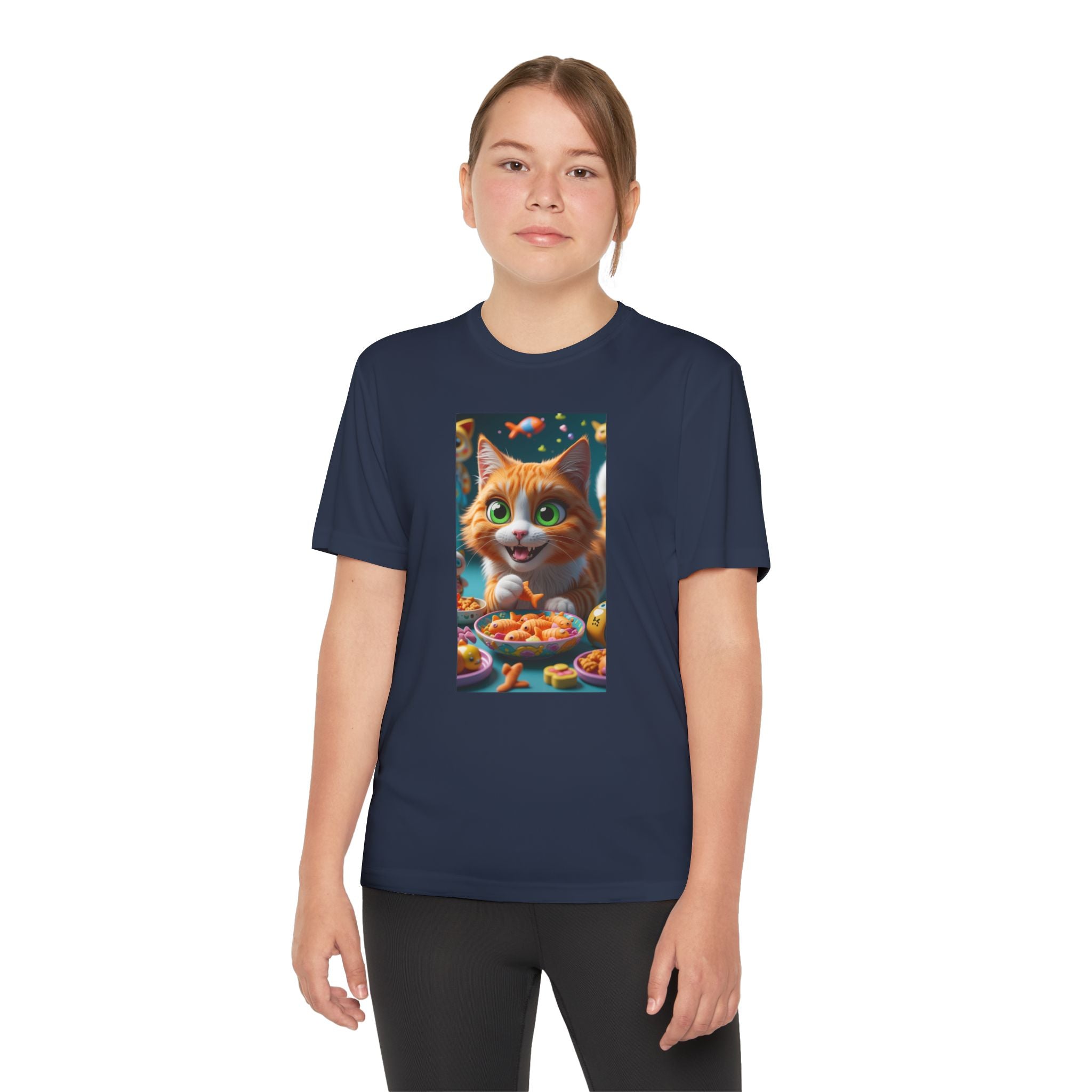 Youth Competitor Tee - Cat eating goldfish crackers, Kids T-shirt, Children's shirt, Funny animal graphic tee, Cat lover gift, Kids fashion