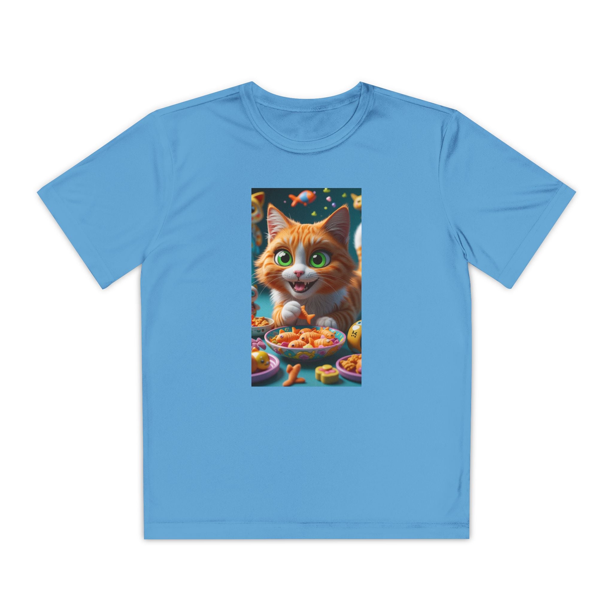 Youth Competitor Tee - Cat eating goldfish crackers, Kids T-shirt, Children's shirt, Funny animal graphic tee, Cat lover gift, Kids fashion