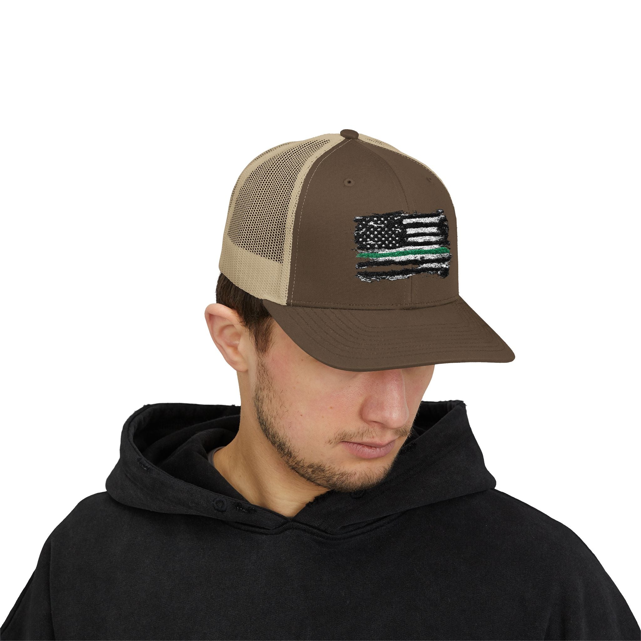 Thin Green Line Patriotic Snapback Trucker Cap with Thin Red Line Design, Ideal for First Responders, Supportive Gifts, Everyday Wear