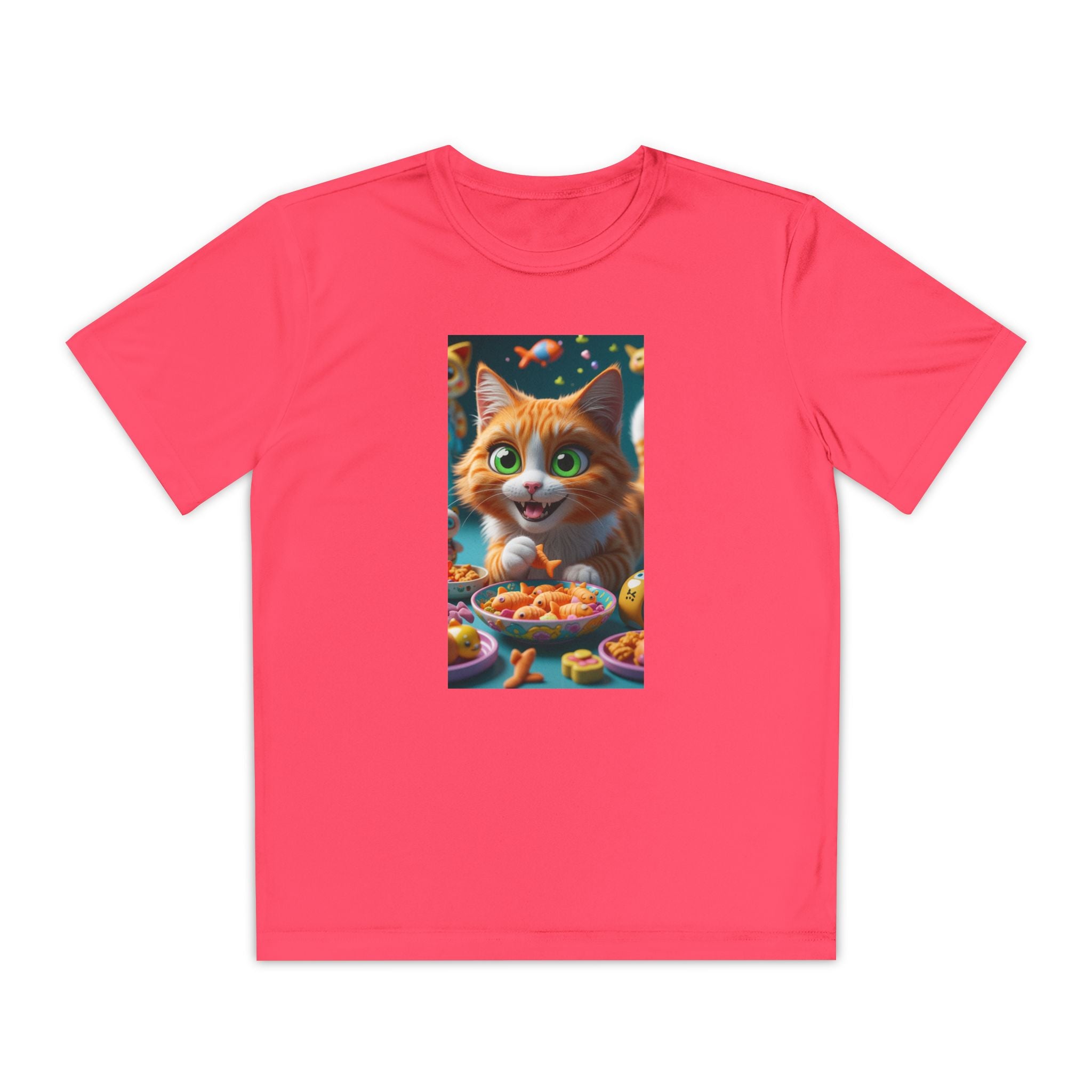 Youth Competitor Tee - Cat eating goldfish crackers, Kids T-shirt, Children's shirt, Funny animal graphic tee, Cat lover gift, Kids fashion