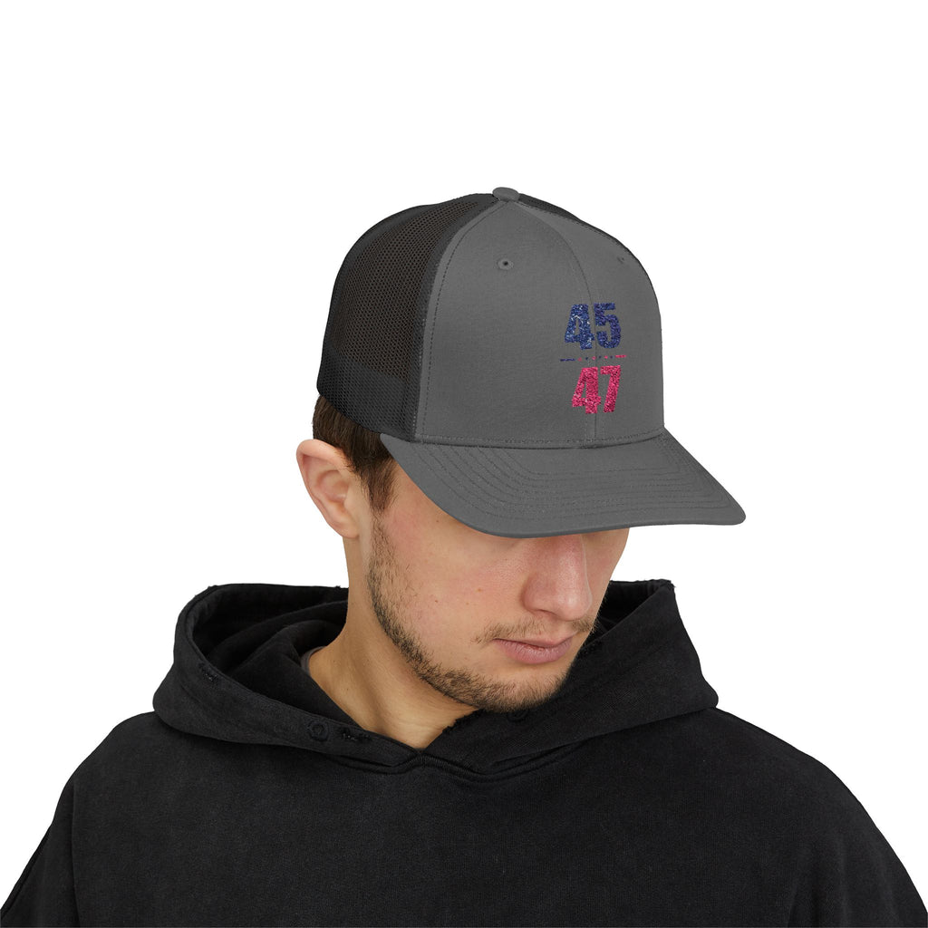 45 / 47 Patriotic Snapback Trucker Cap with Thin Red Line Design, Ideal for First Responders, Supportive Gifts, Memorials, Everyday Wear