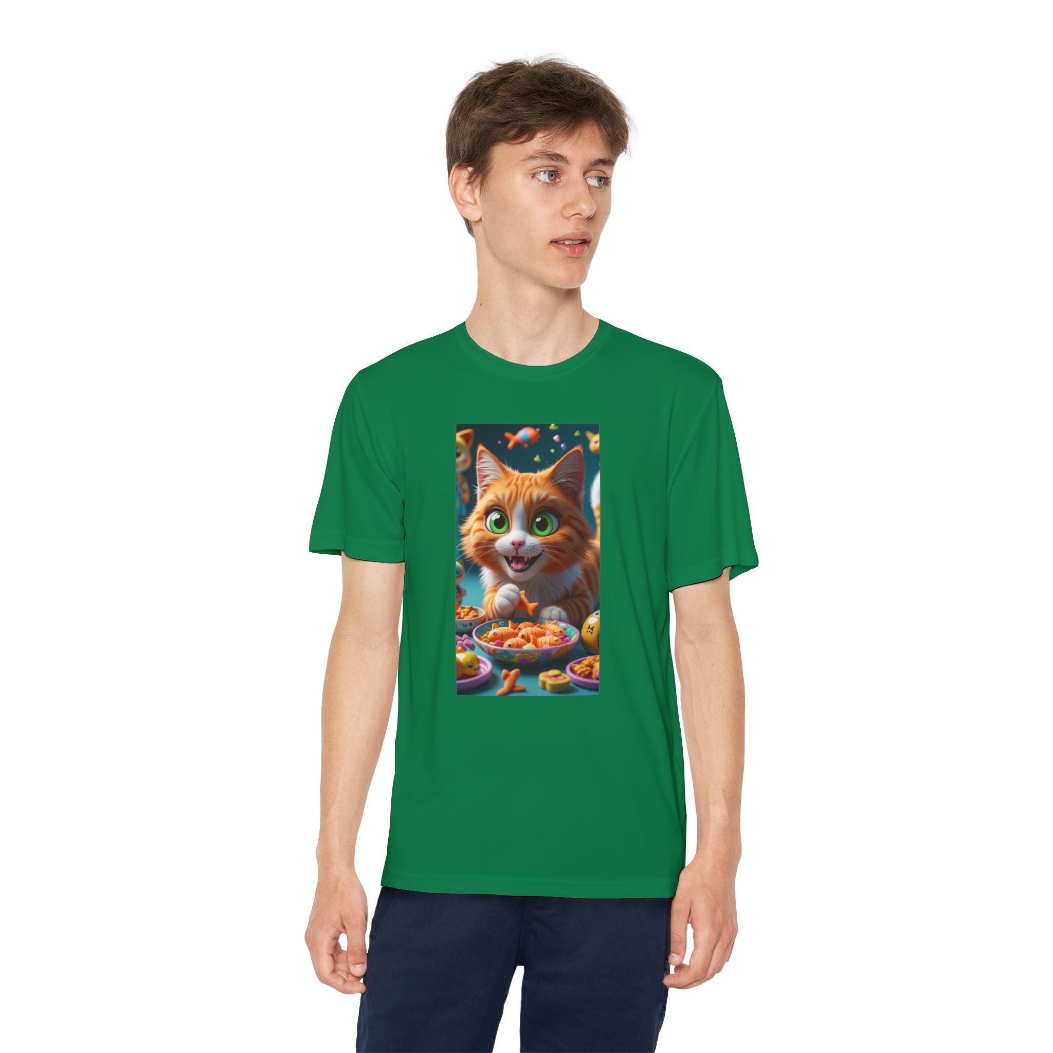 Youth Competitor Tee - Cat eating goldfish crackers, Kids T-shirt, Children's shirt, Funny animal graphic tee, Cat lover gift, Kids fashion