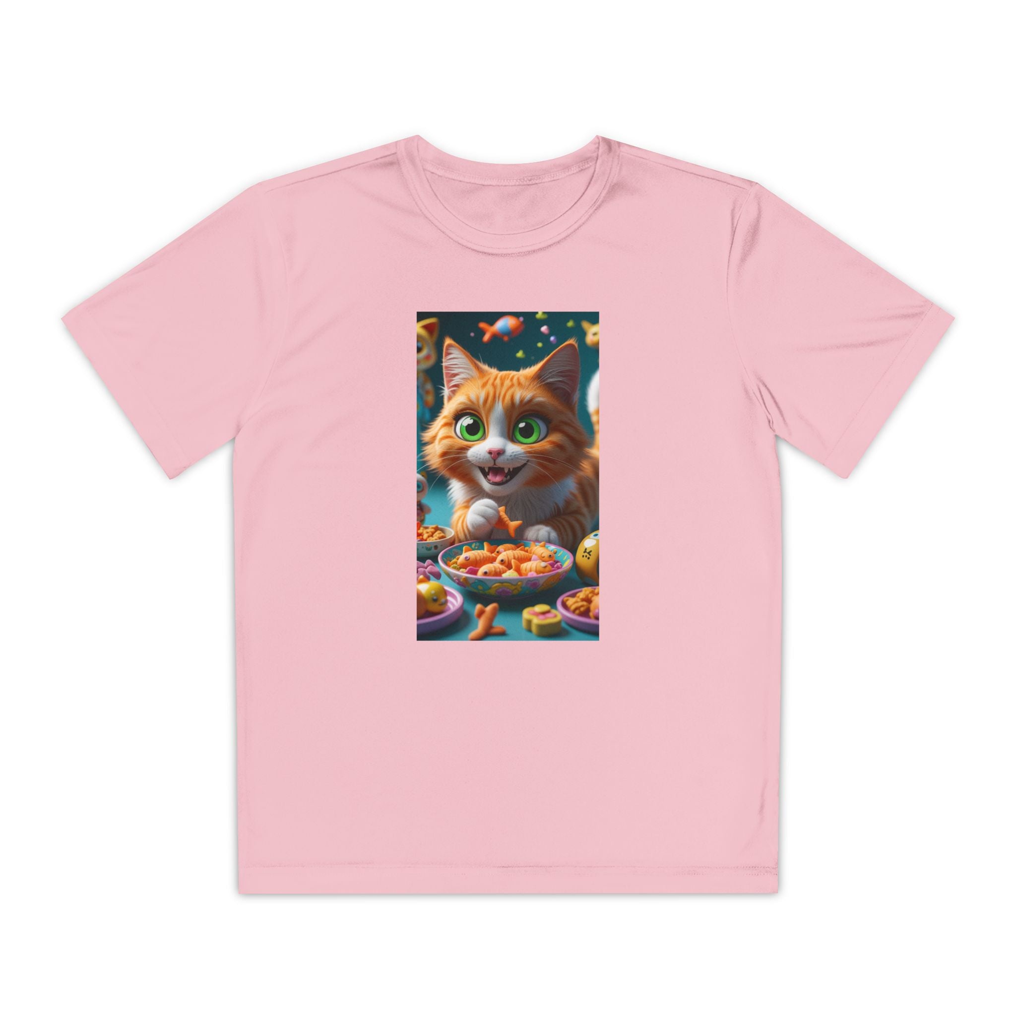 Youth Competitor Tee - Cat eating goldfish crackers, Kids T-shirt, Children's shirt, Funny animal graphic tee, Cat lover gift, Kids fashion