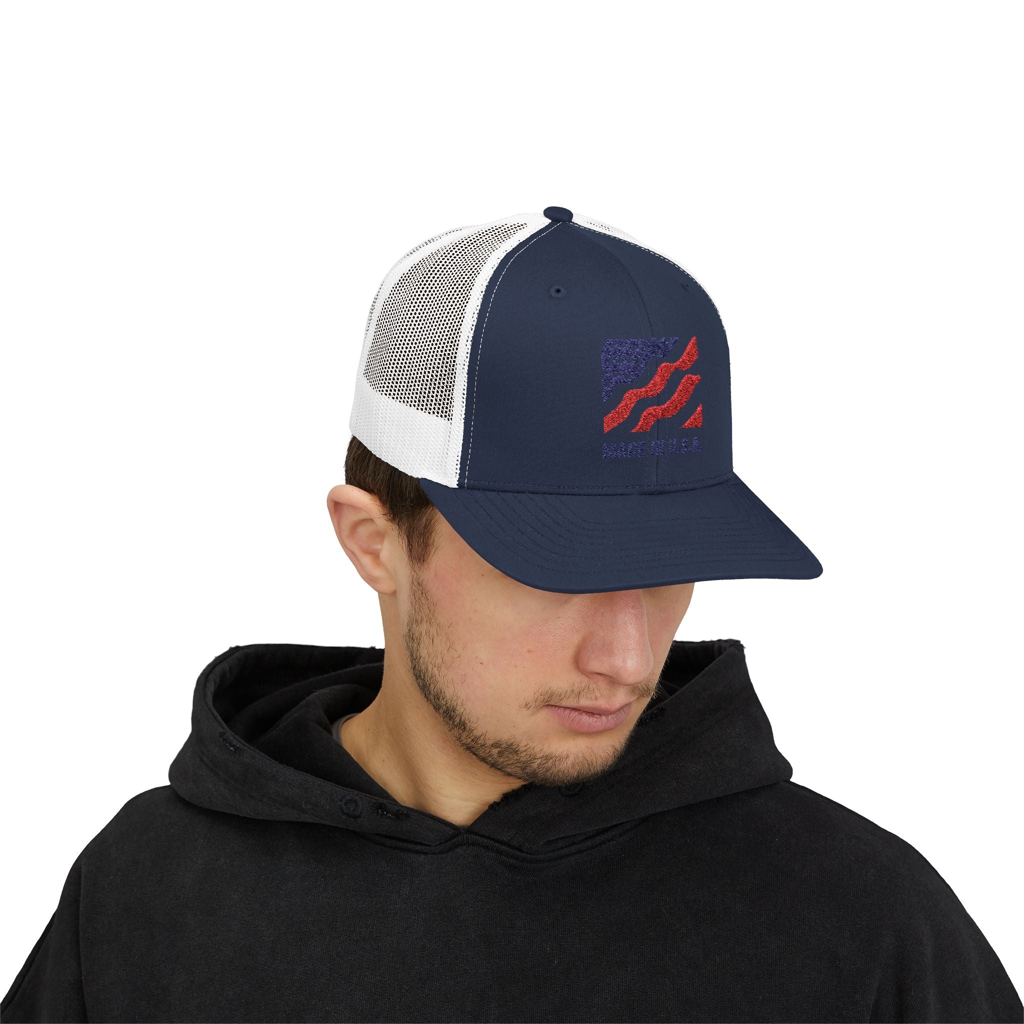 Made In The USA Snapback Trucker Cap with Thin Red Line Design, Ideal for First Responders, Supportive Gifts, Memorials, Everyday Wear