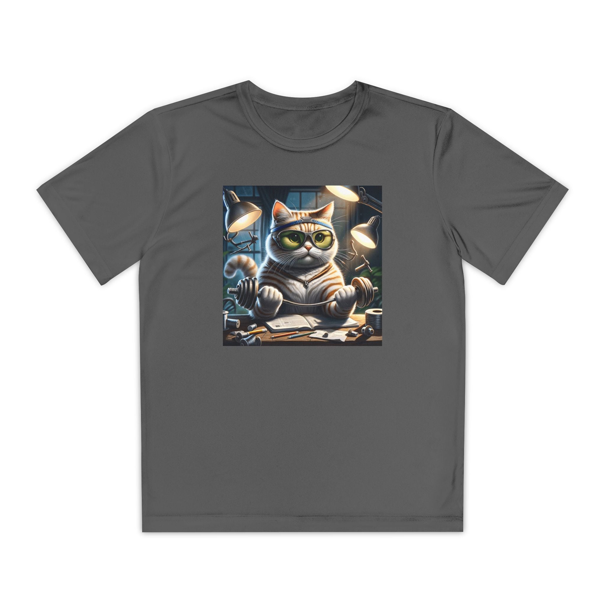 Workout Cat Youth Tee, Kids Fitness Shirt, Exercise Kitten T-Shirt, Gym Cat Top, Athletic Feline Clothing, Sporty Kitty Apparel