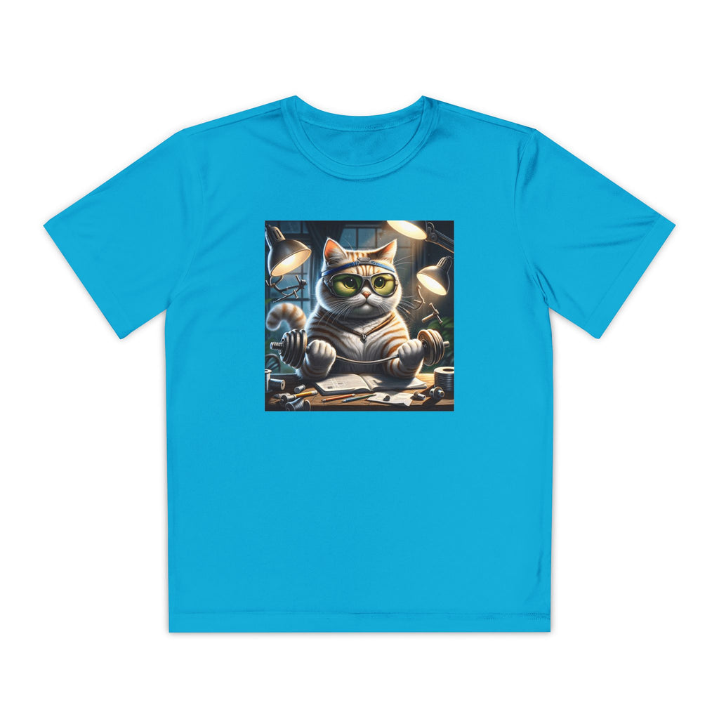 Workout Cat Youth Tee, Kids Fitness Shirt, Exercise Kitten T-Shirt, Gym Cat Top, Athletic Feline Clothing, Sporty Kitty Apparel