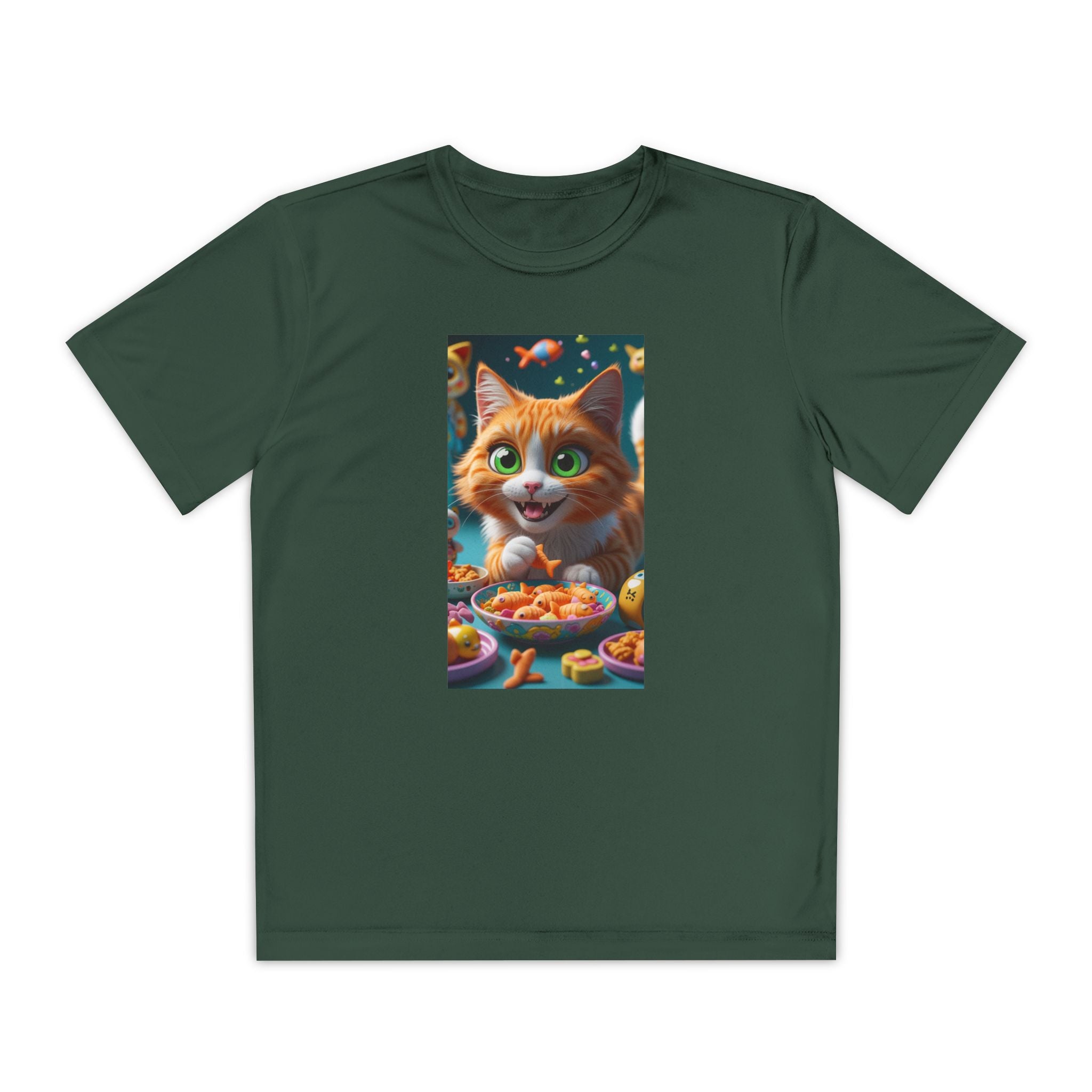 Youth Competitor Tee - Cat eating goldfish crackers, Kids T-shirt, Children's shirt, Funny animal graphic tee, Cat lover gift, Kids fashion