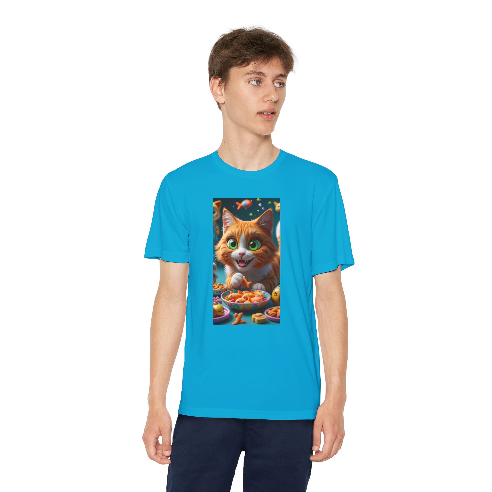 Youth Competitor Tee - Cat eating goldfish crackers, Kids T-shirt, Children's shirt, Funny animal graphic tee, Cat lover gift, Kids fashion
