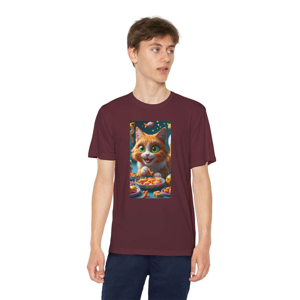Youth Competitor Tee - Cat eating goldfish crackers, Kids T-shirt, Children's shirt, Funny animal graphic tee, Cat lover gift, Kids fashion