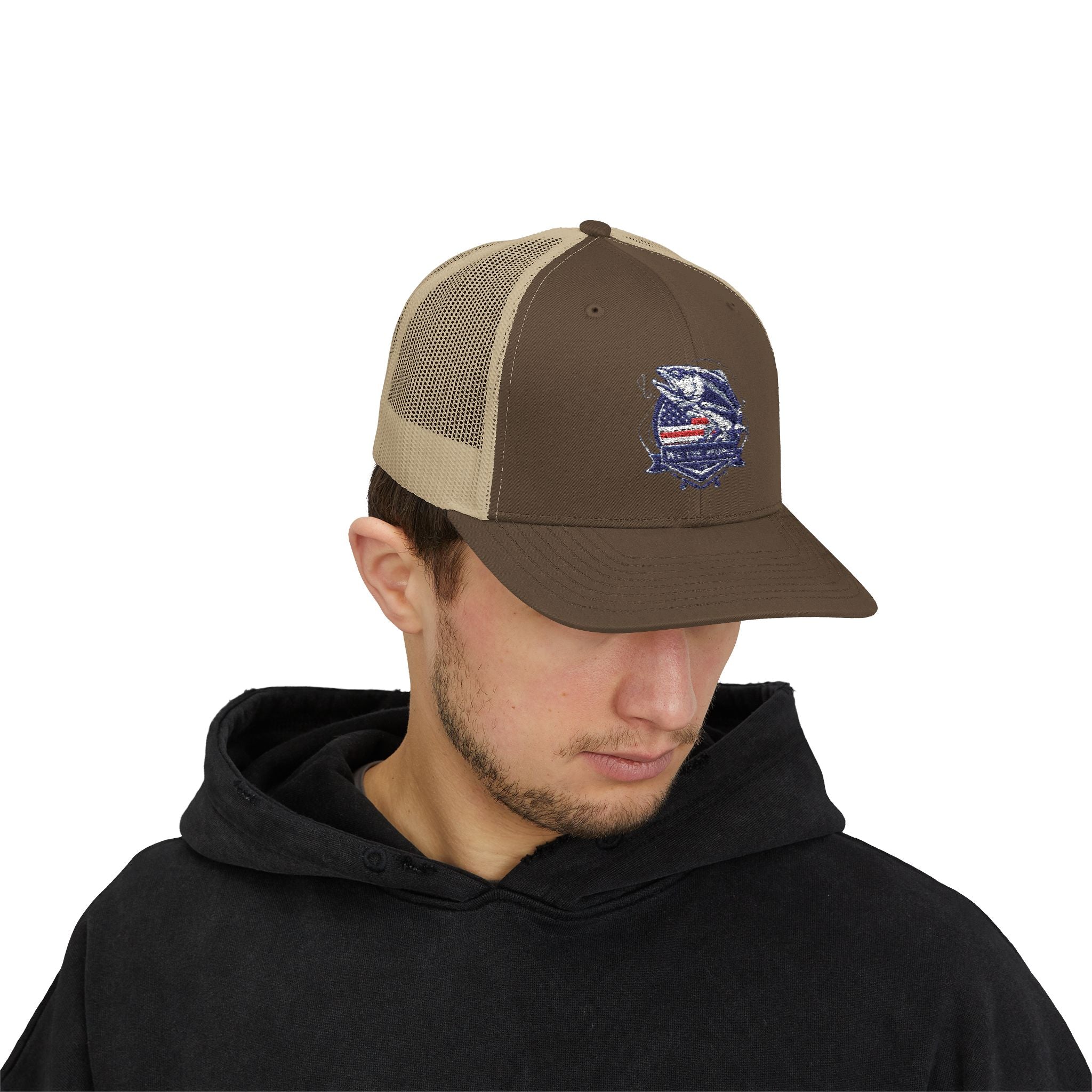 Fishing Patriotic Snapback Trucker Cap with Thin Red Line Design, Ideal for First Responders, Supportive Gifts, Memorials, Everyday Wear