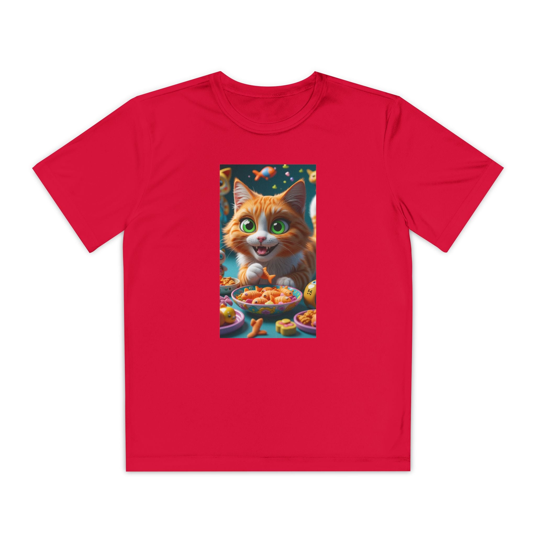 Youth Competitor Tee - Cat eating goldfish crackers, Kids T-shirt, Children's shirt, Funny animal graphic tee, Cat lover gift, Kids fashion