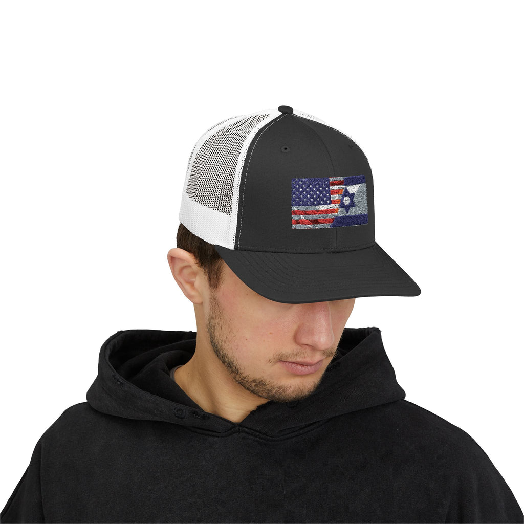 Isreal/ USA Flag Snapback Trucker Cap with Thin Red Line Design, Ideal for First Responders, Supportive Gifts, Memorials, Everyday Wear