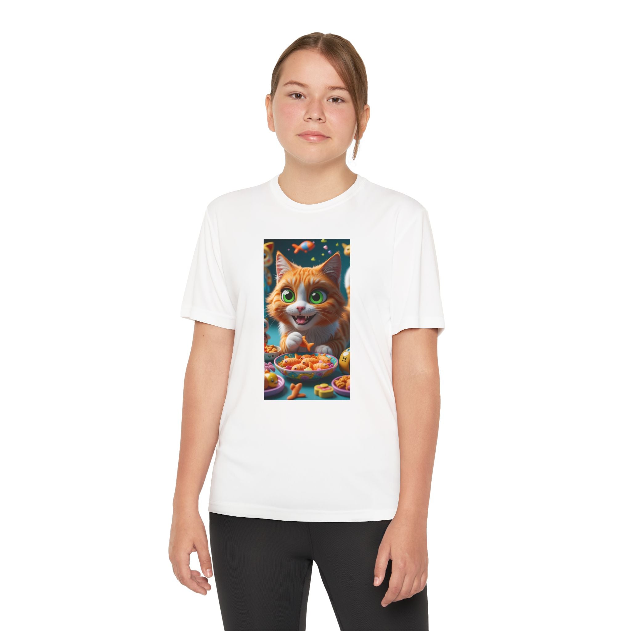 Youth Competitor Tee - Cat eating goldfish crackers, Kids T-shirt, Children's shirt, Funny animal graphic tee, Cat lover gift, Kids fashion