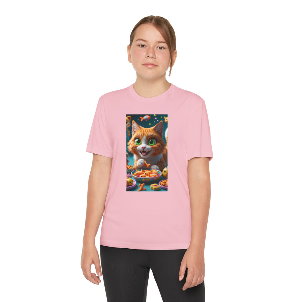 Youth Competitor Tee - Cat eating goldfish crackers, Kids T-shirt, Children's shirt, Funny animal graphic tee, Cat lover gift, Kids fashion