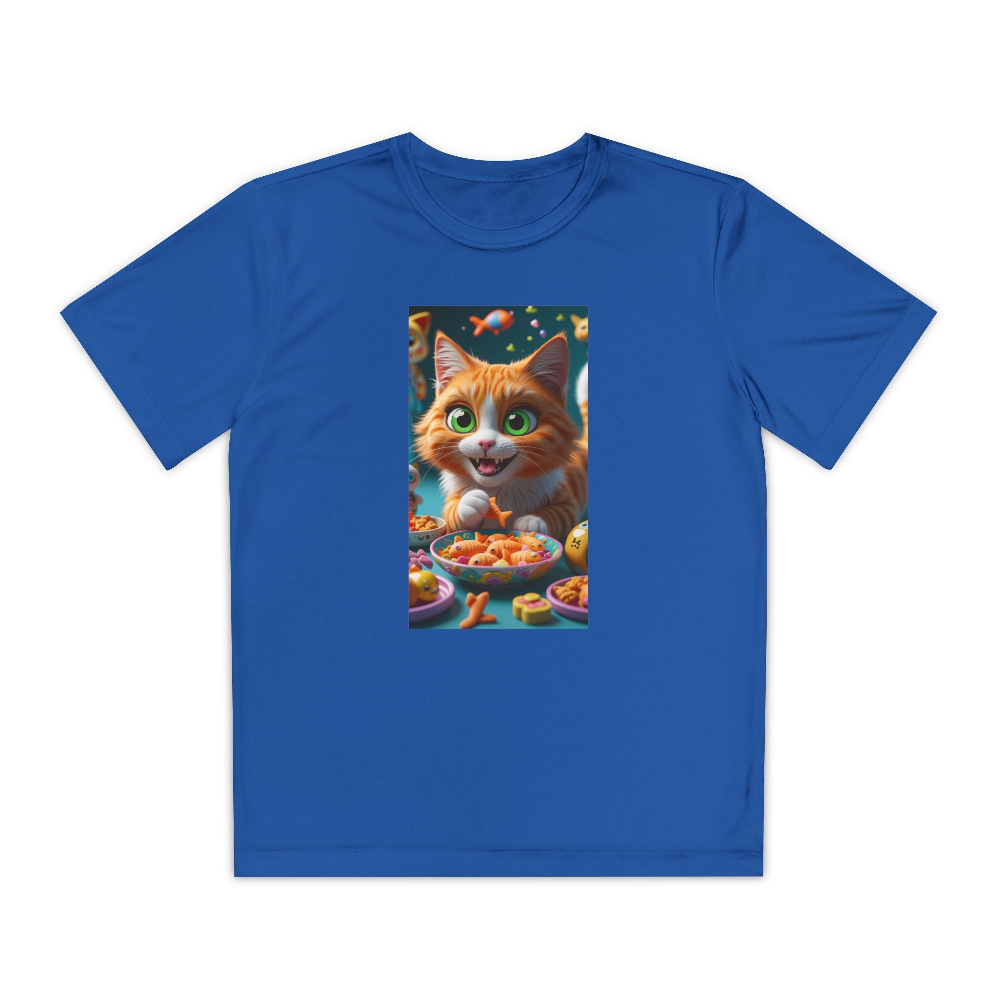 Youth Competitor Tee - Cat eating goldfish crackers, Kids T-shirt, Children's shirt, Funny animal graphic tee, Cat lover gift, Kids fashion