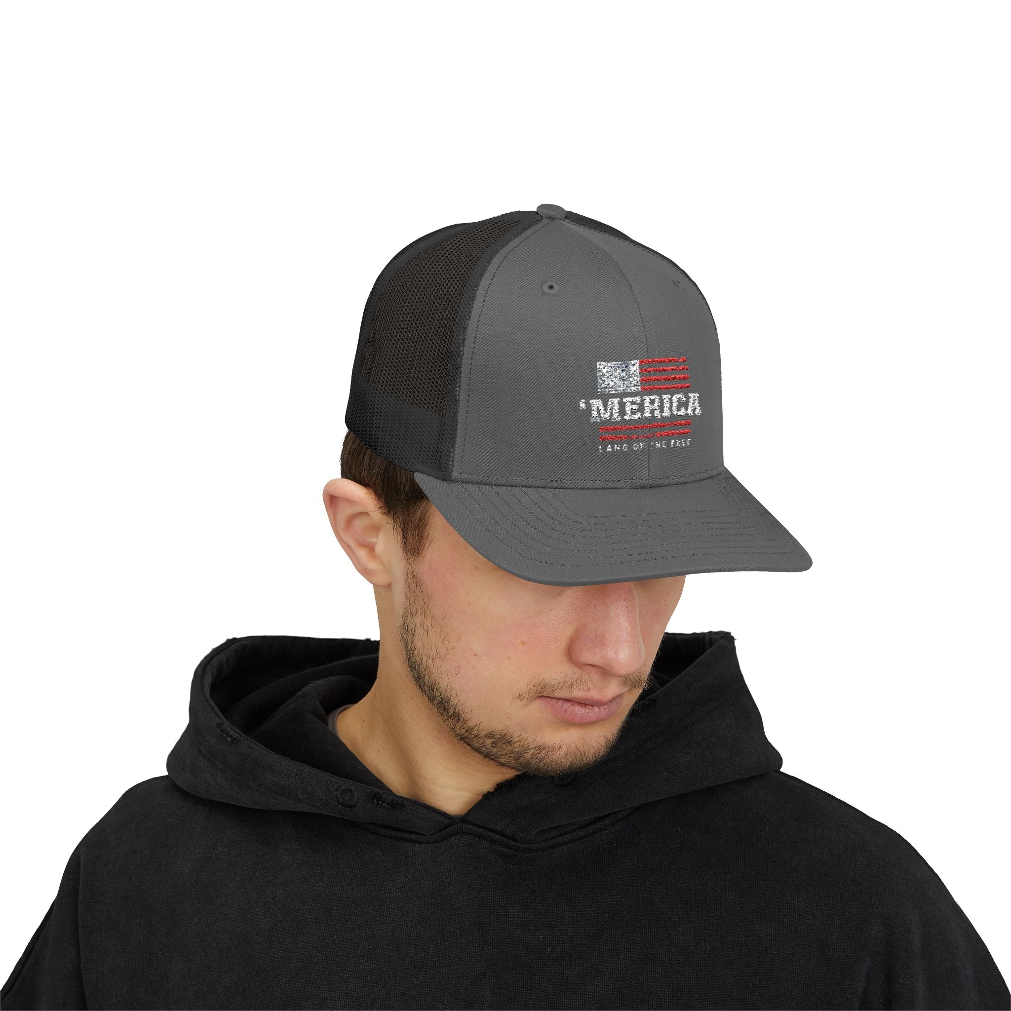 Merica Patriotic Snapback Trucker Cap with Thin Red Line Design, Ideal for First Responders, Supportive Gifts, Memorials, Everyday Wear