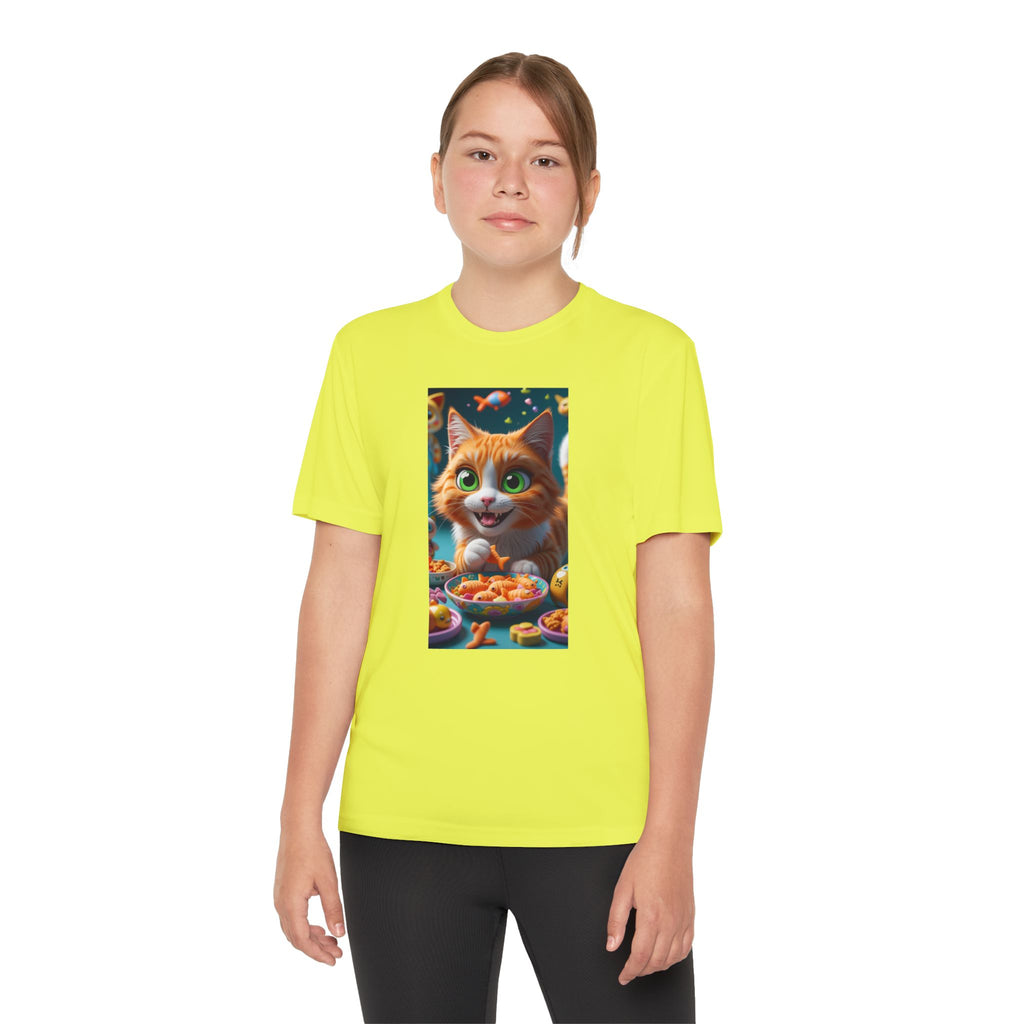 Youth Competitor Tee - Cat eating goldfish crackers, Kids T-shirt, Children's shirt, Funny animal graphic tee, Cat lover gift, Kids fashion