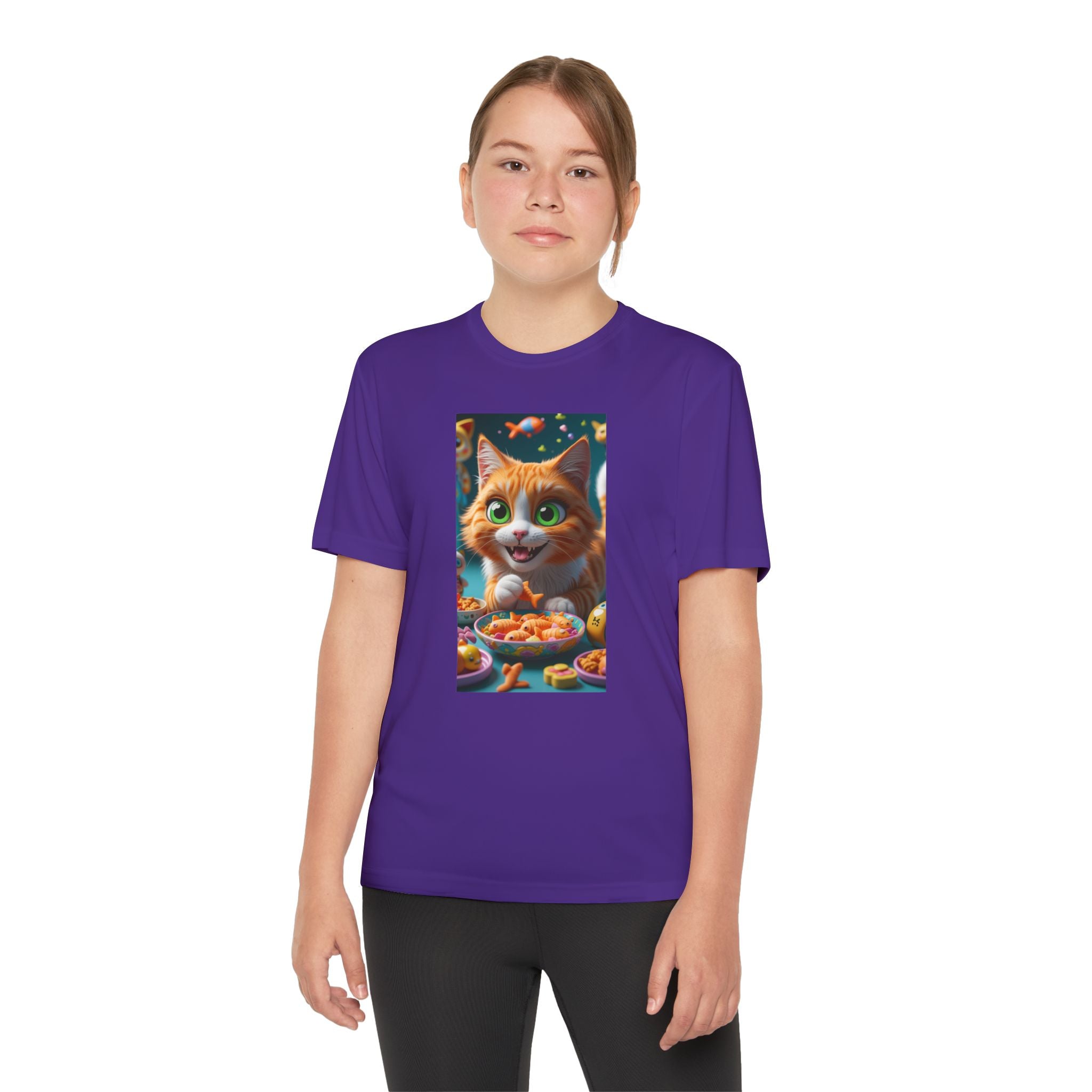 Youth Competitor Tee - Cat eating goldfish crackers, Kids T-shirt, Children's shirt, Funny animal graphic tee, Cat lover gift, Kids fashion