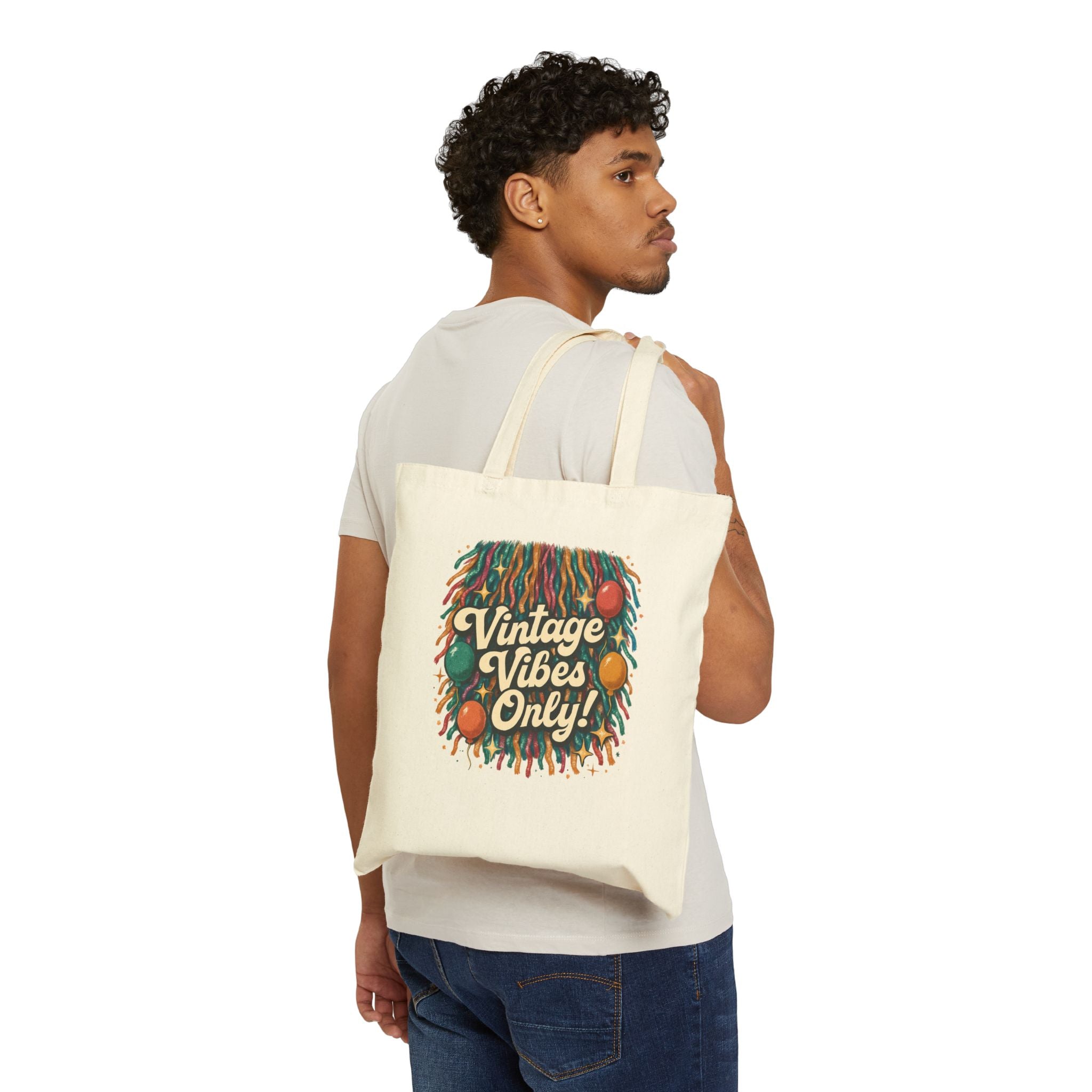 Vintage Vibes Only Tote Bag | Retro Typography, 70s Colorful Design
