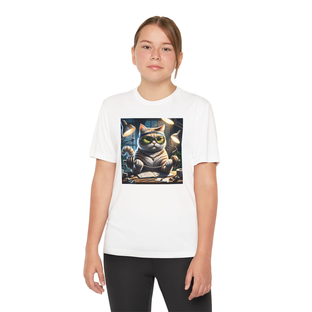 Workout Cat Youth Tee, Kids Fitness Shirt, Exercise Kitten T-Shirt, Gym Cat Top, Athletic Feline Clothing, Sporty Kitty Apparel