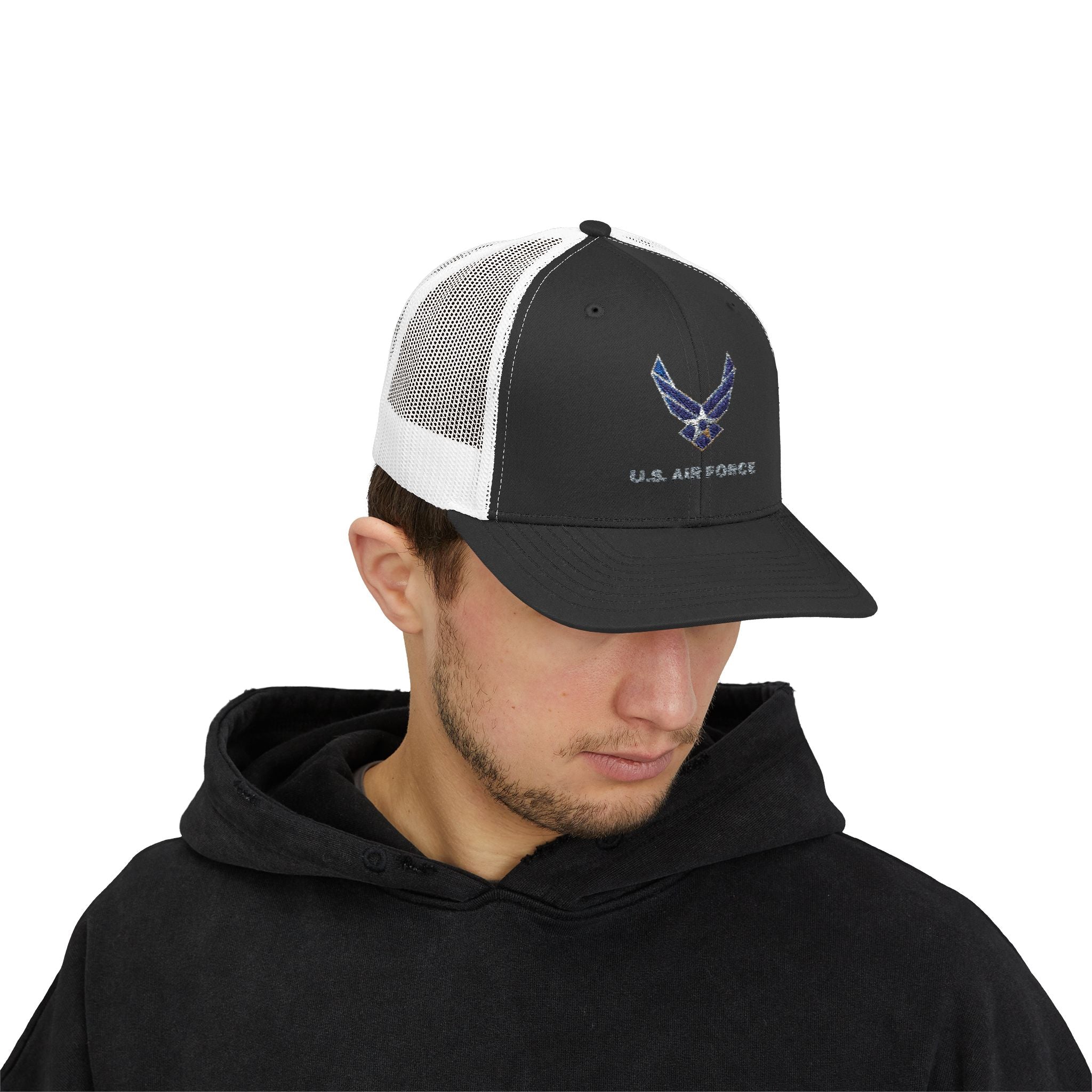 US Air Force Snapback Trucker Cap with Thin Red Line Design, Ideal for First Responders, Supportive Gifts, Memorials, Everyday Wear