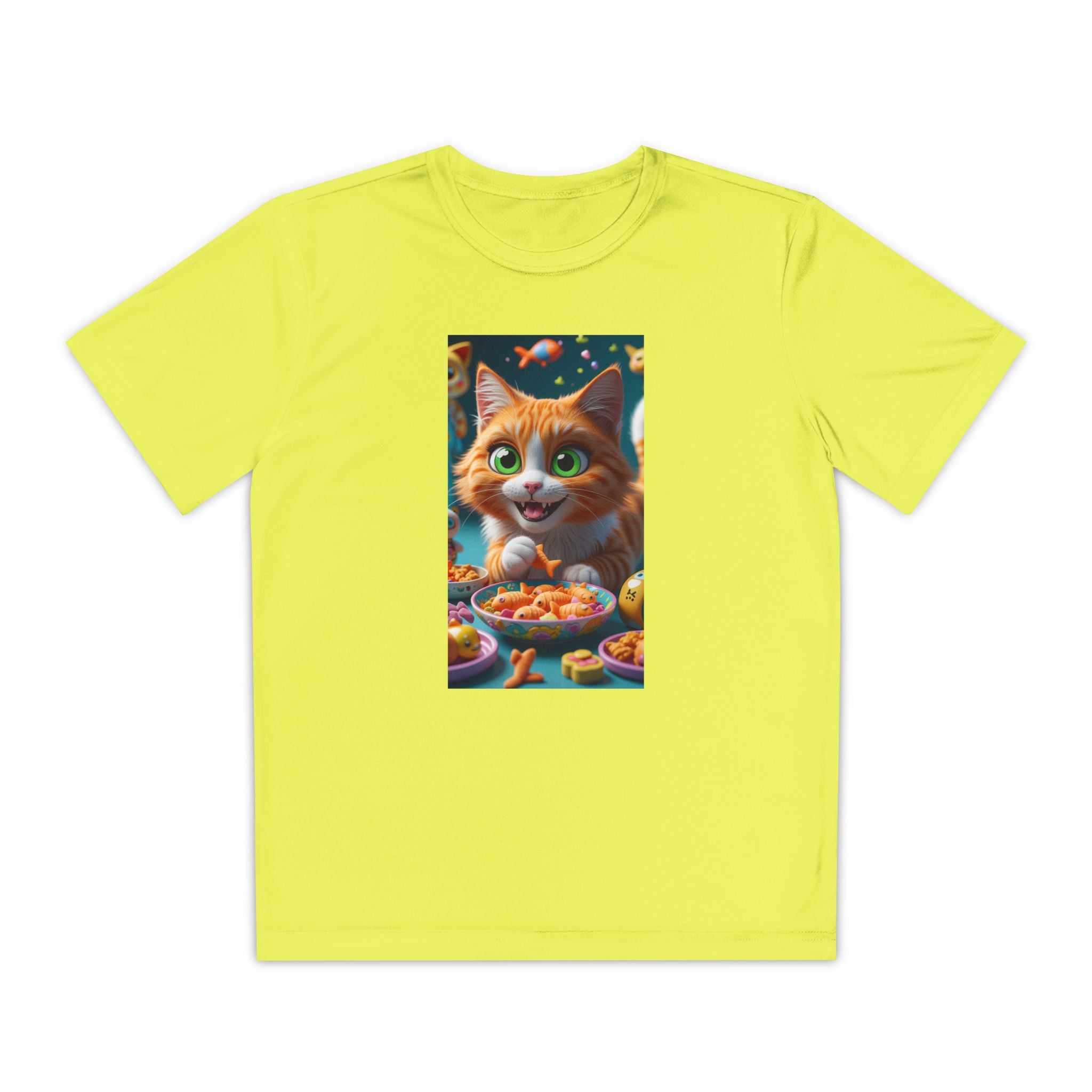 Youth Competitor Tee - Cat eating goldfish crackers, Kids T-shirt, Children's shirt, Funny animal graphic tee, Cat lover gift, Kids fashion