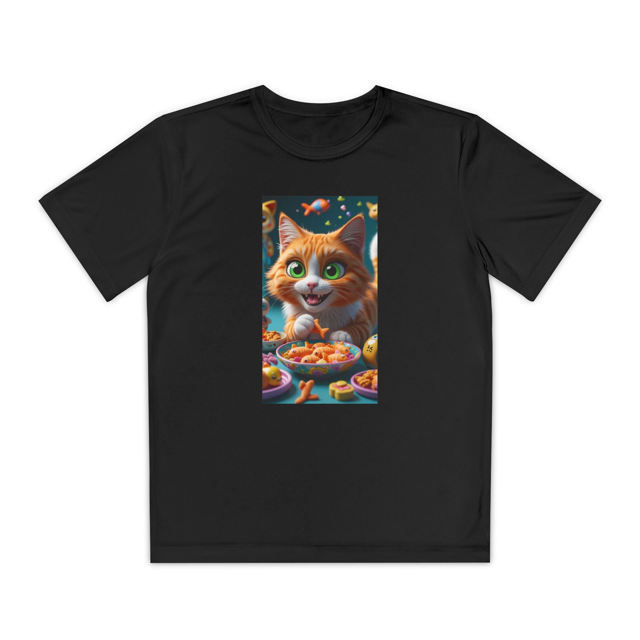 Youth Competitor Tee - Cat eating goldfish crackers, Kids T-shirt, Children's shirt, Funny animal graphic tee, Cat lover gift, Kids fashion