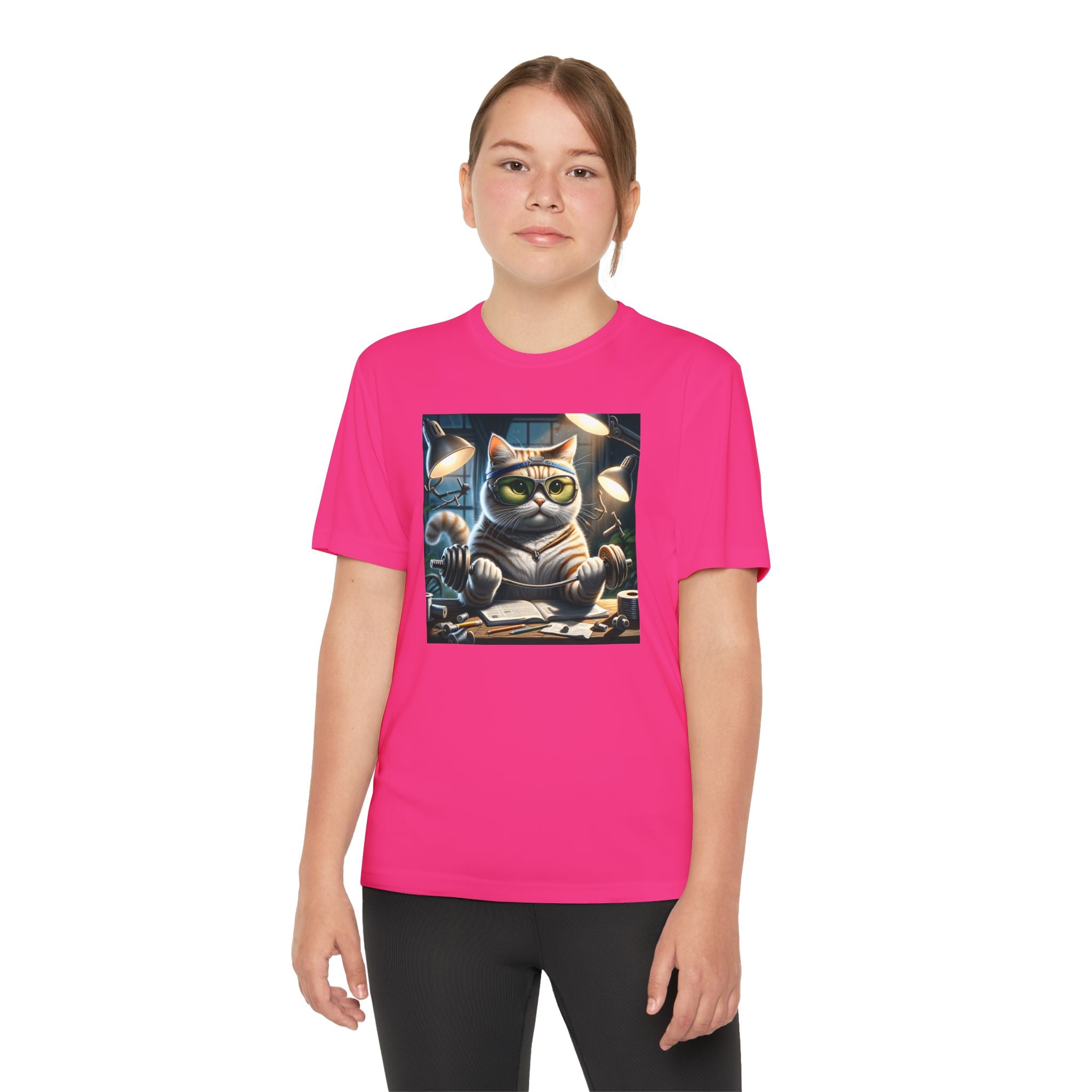 Workout Cat Youth Tee, Kids Fitness Shirt, Exercise Kitten T-Shirt, Gym Cat Top, Athletic Feline Clothing, Sporty Kitty Apparel