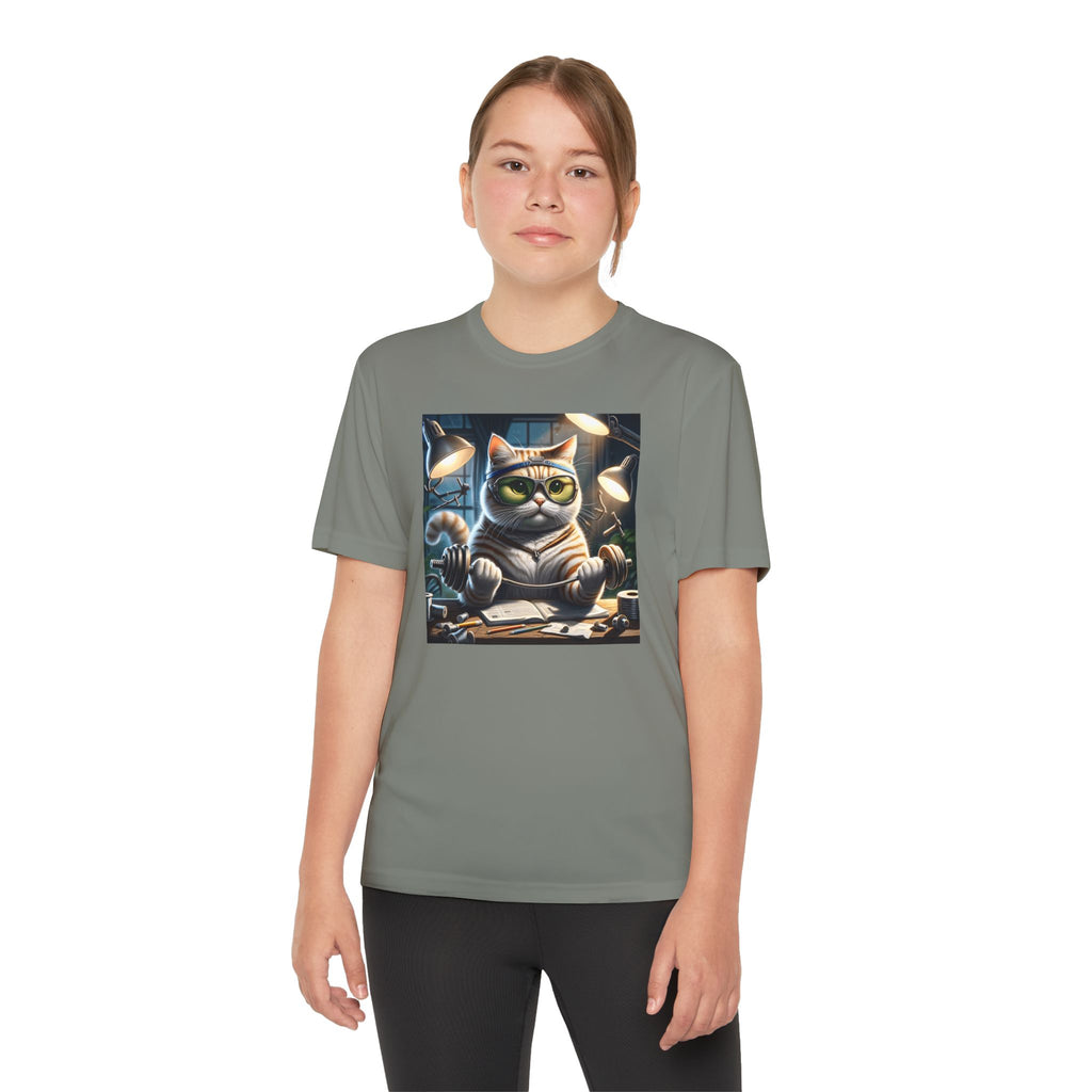 Workout Cat Youth Tee, Kids Fitness Shirt, Exercise Kitten T-Shirt, Gym Cat Top, Athletic Feline Clothing, Sporty Kitty Apparel