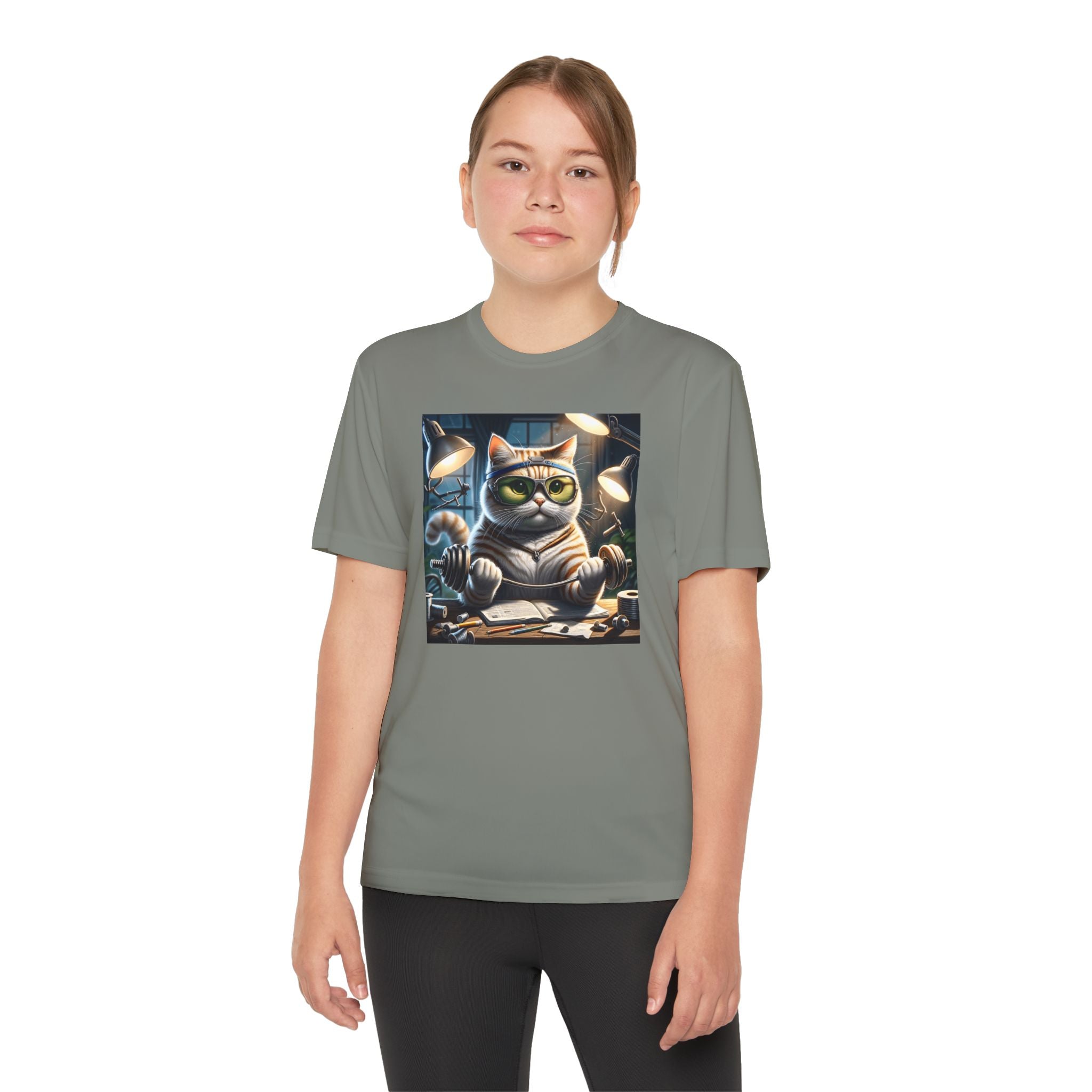 Workout Cat Youth Tee, Kids Fitness Shirt, Exercise Kitten T-Shirt, Gym Cat Top, Athletic Feline Clothing, Sporty Kitty Apparel
