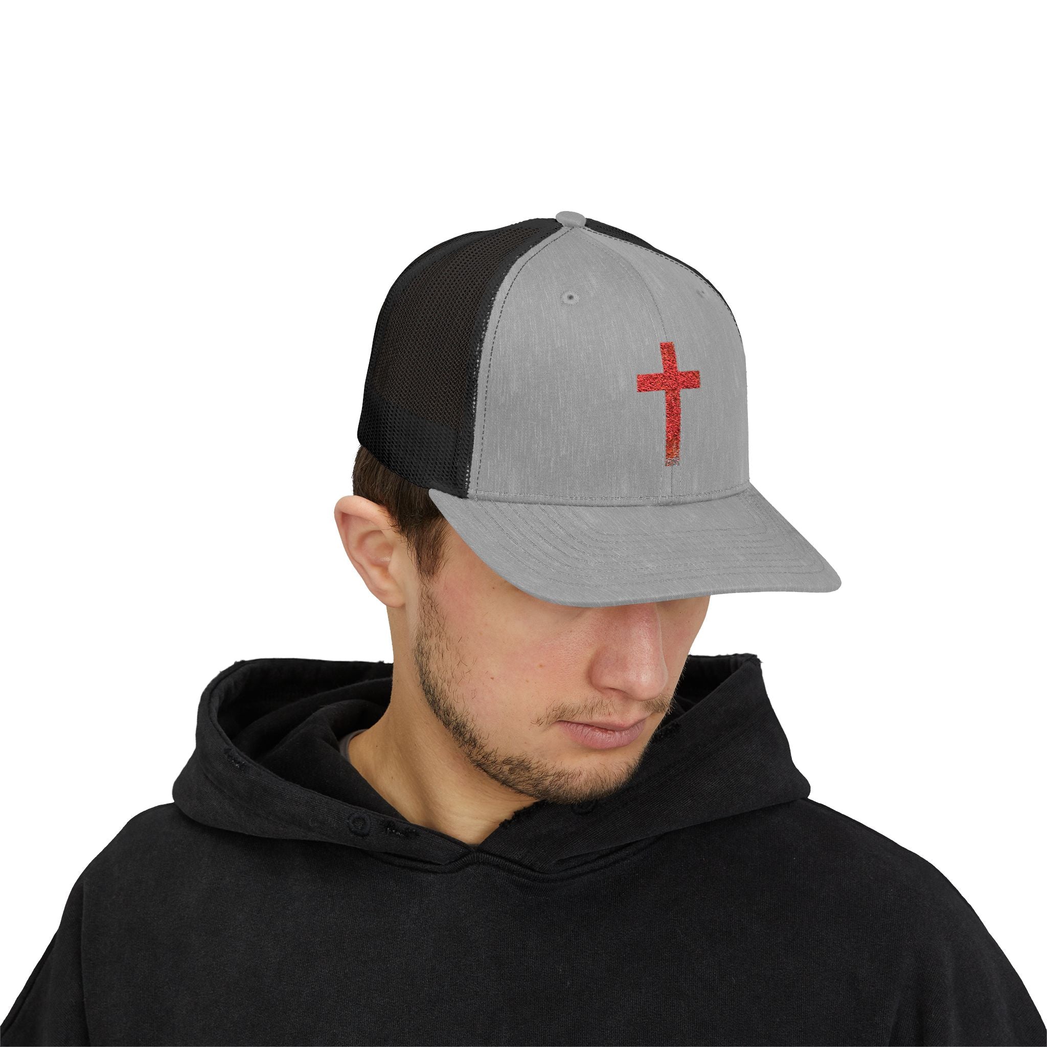 Holly Cross Snapback Trucker Cap with Thin Red Line Design, Ideal for First Responders, Supportive Gifts, Memorials, Everyday Wear