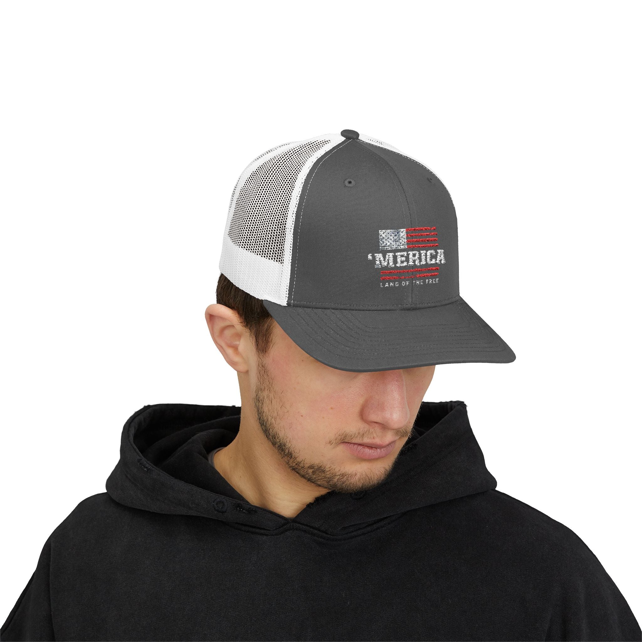 Merica Patriotic Snapback Trucker Cap with Thin Red Line Design, Ideal for First Responders, Supportive Gifts, Memorials, Everyday Wear
