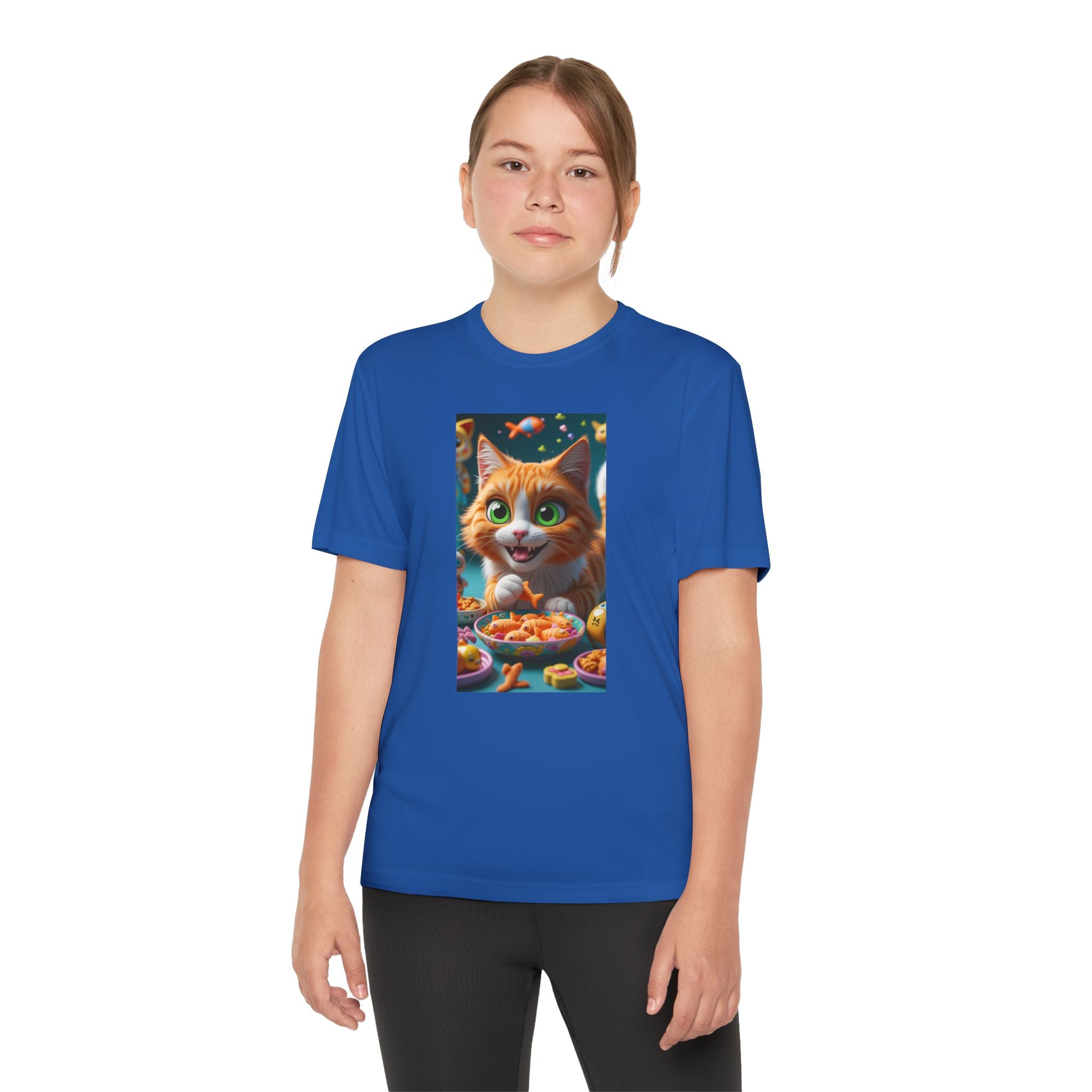 Youth Competitor Tee - Cat eating goldfish crackers, Kids T-shirt, Children's shirt, Funny animal graphic tee, Cat lover gift, Kids fashion