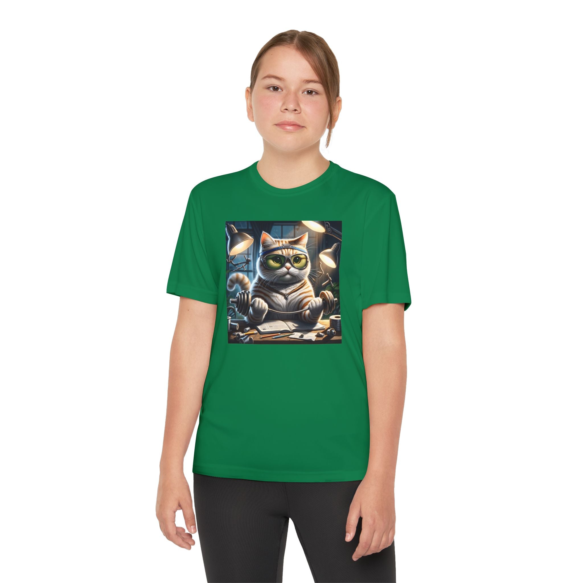 Workout Cat Youth Tee, Kids Fitness Shirt, Exercise Kitten T-Shirt, Gym Cat Top, Athletic Feline Clothing, Sporty Kitty Apparel