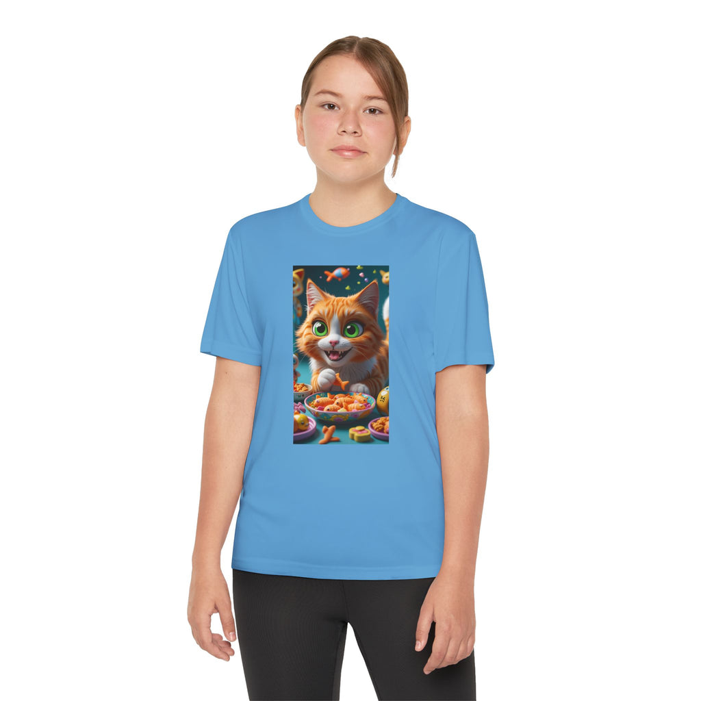 Youth Competitor Tee - Cat eating goldfish crackers, Kids T-shirt, Children's shirt, Funny animal graphic tee, Cat lover gift, Kids fashion