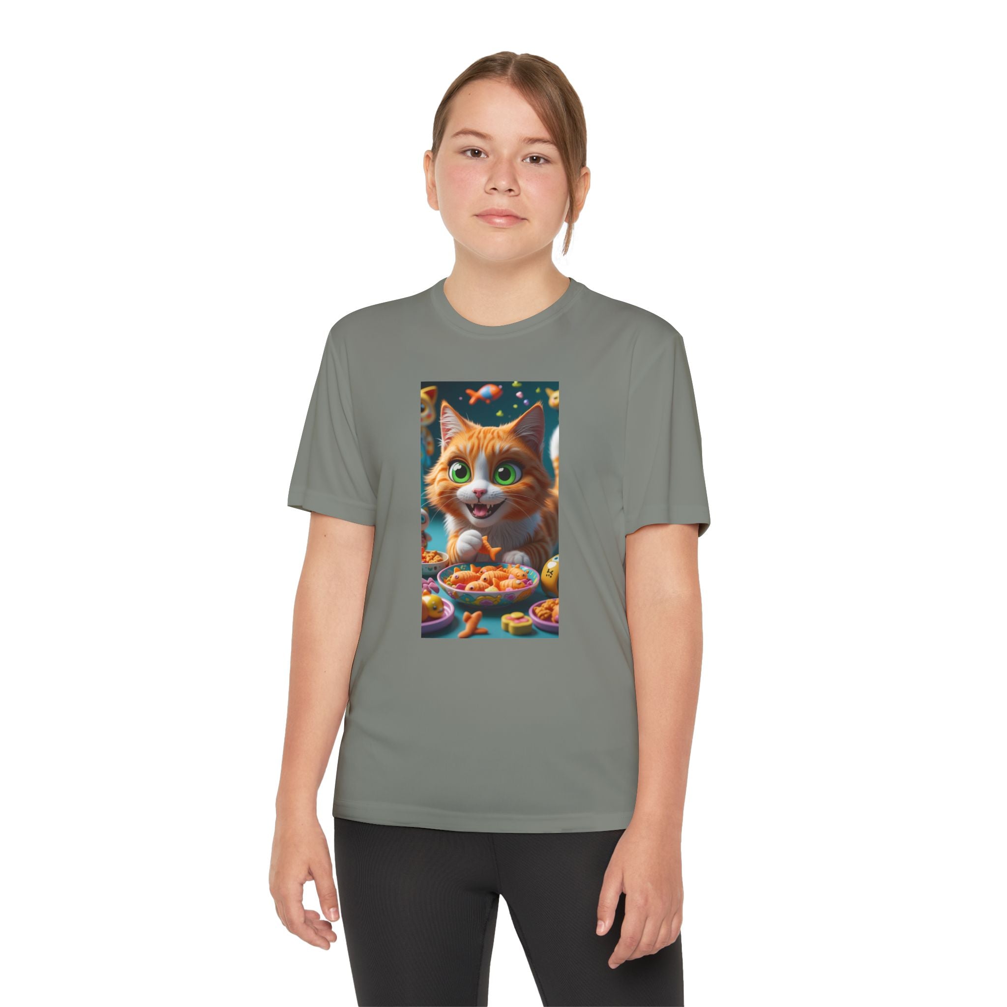 Youth Competitor Tee - Cat eating goldfish crackers, Kids T-shirt, Children's shirt, Funny animal graphic tee, Cat lover gift, Kids fashion