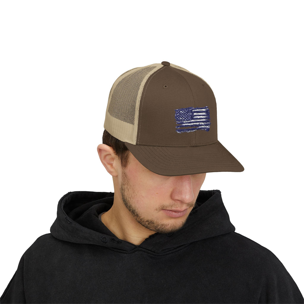 Back The Blue Snapback Trucker Cap with Thin Red Line Design, Ideal for First Responders, Supportive Gifts, Memorials, Everyday Wear
