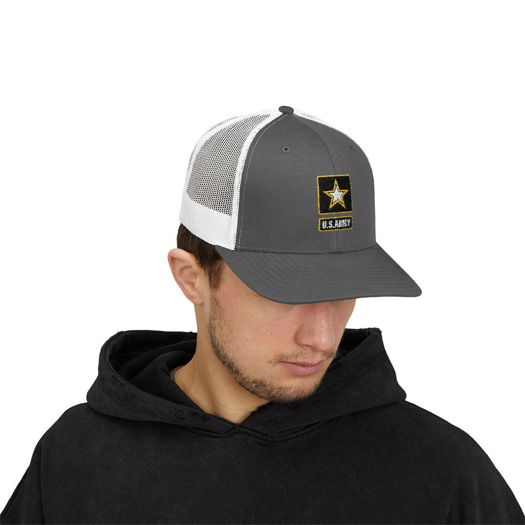 US Army Snapback Trucker Cap with Thin Red Line Design, Ideal for First Responders, Supportive Gifts, Memorials, Everyday Wear