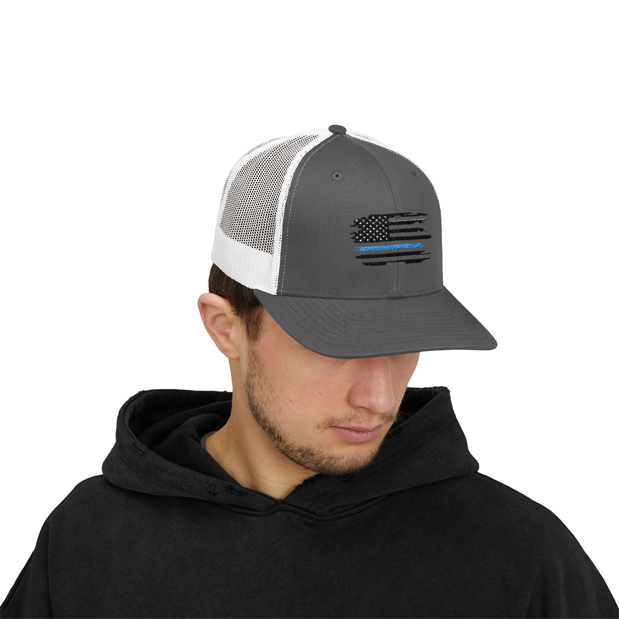 Back The Blue Snapback Trucker Cap with Thin Red Line Design, Ideal for First Responders, Supportive Gifts, Memorials, Everyday Wear