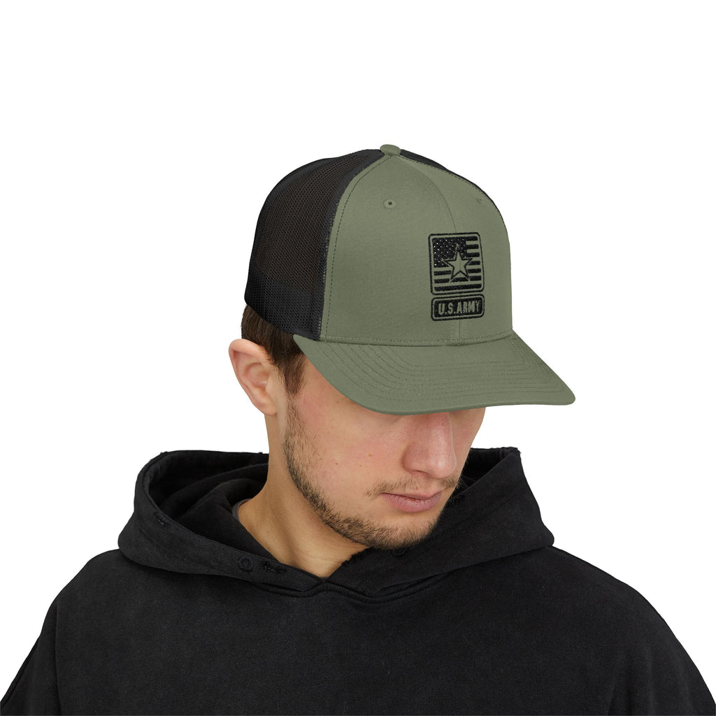 US Army Snapback Trucker Cap with Thin Red Line Design, Ideal for First Responders, Supportive Gifts, Memorials, Everyday Wear