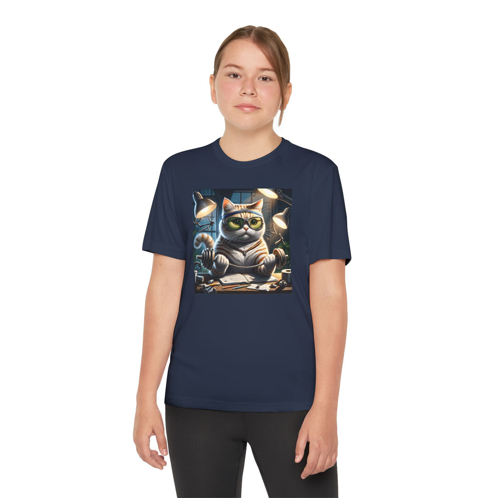 Workout Cat Youth Tee, Kids Fitness Shirt, Exercise Kitten T-Shirt, Gym Cat Top, Athletic Feline Clothing, Sporty Kitty Apparel