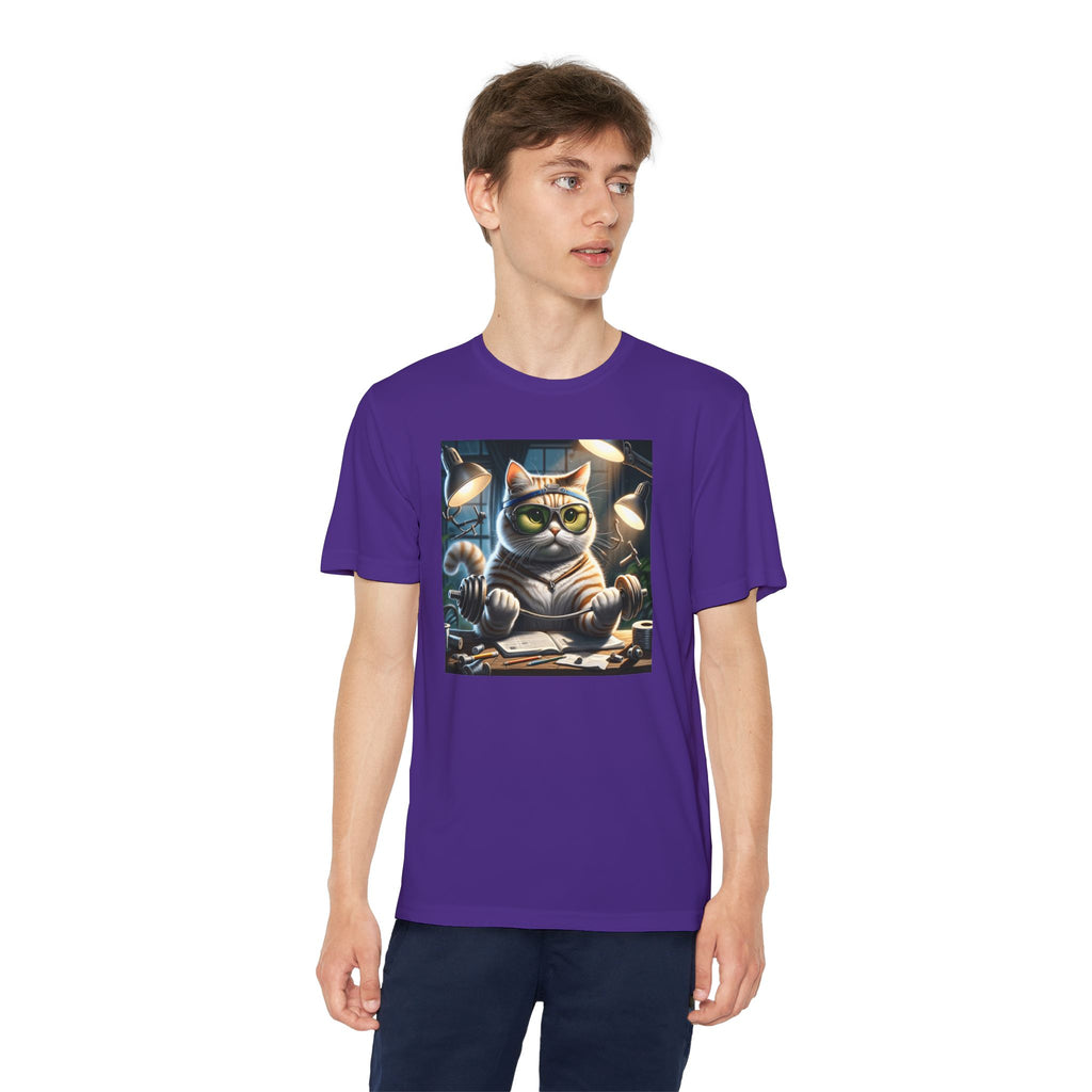Workout Cat Youth Tee, Kids Fitness Shirt, Exercise Kitten T-Shirt, Gym Cat Top, Athletic Feline Clothing, Sporty Kitty Apparel
