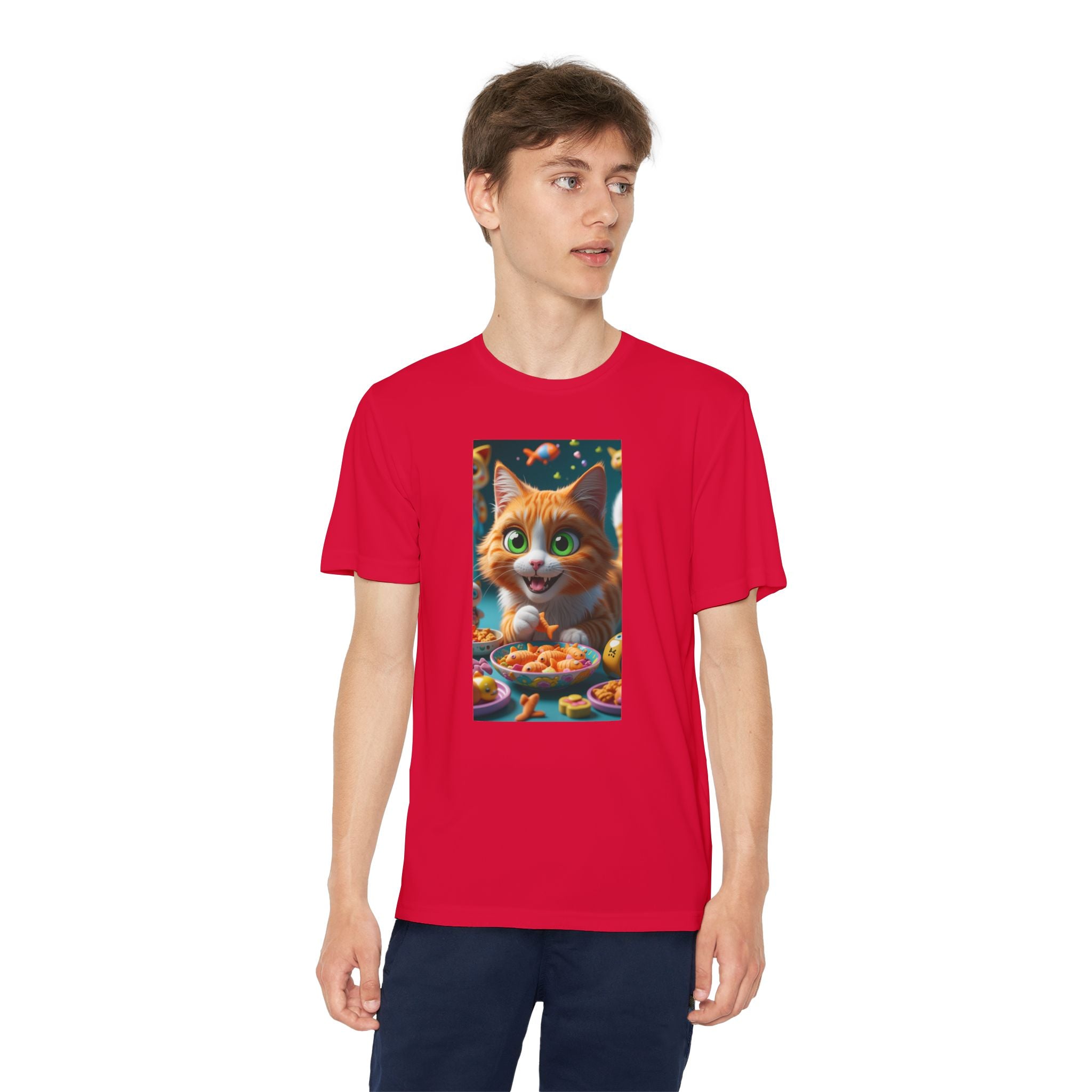 Youth Competitor Tee - Cat eating goldfish crackers, Kids T-shirt, Children's shirt, Funny animal graphic tee, Cat lover gift, Kids fashion