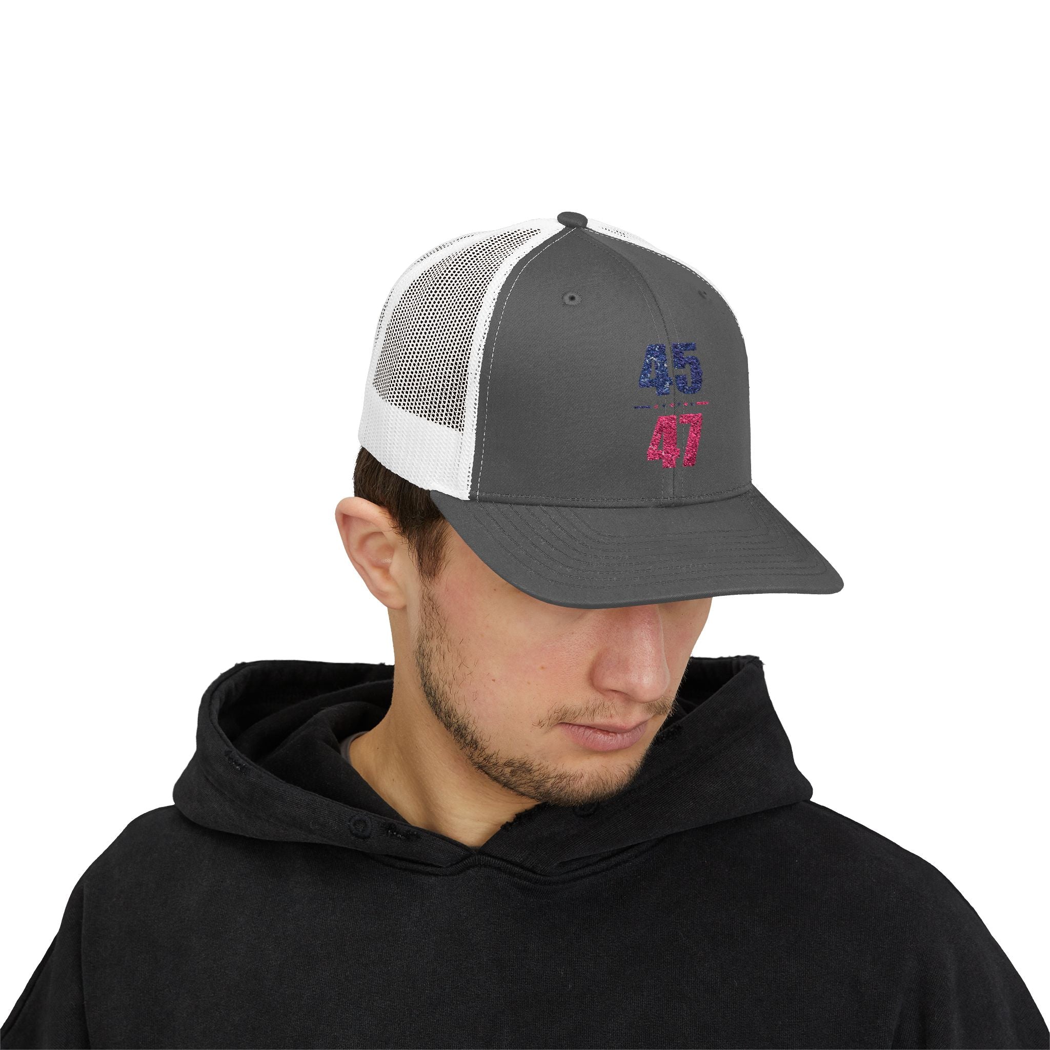 45 / 47 Patriotic Snapback Trucker Cap with Thin Red Line Design, Ideal for First Responders, Supportive Gifts, Memorials, Everyday Wear