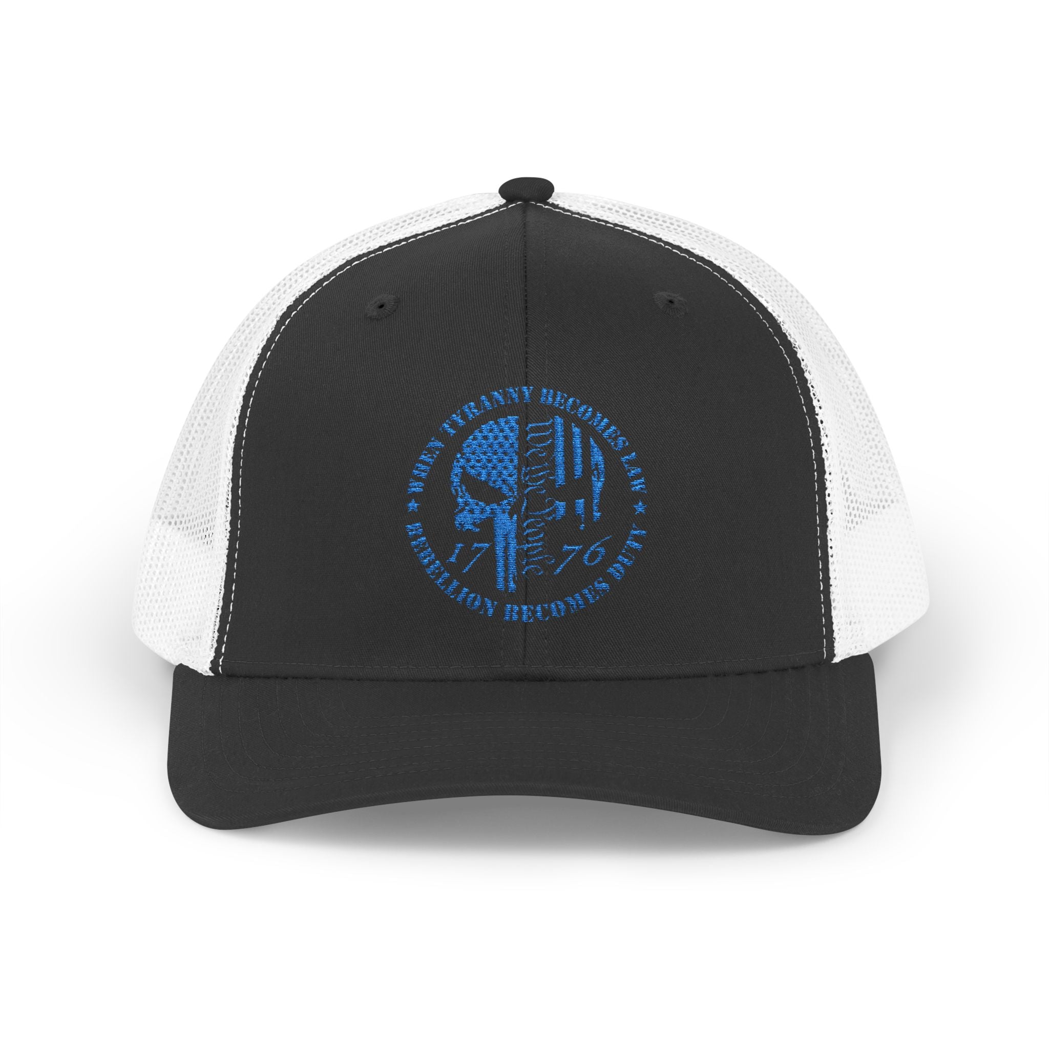 1776 Punisher Snapback Trucker Cap with Thin Red Line Design, Ideal for First Responders, Supportive Gifts, Memorials, Everyday Wear
