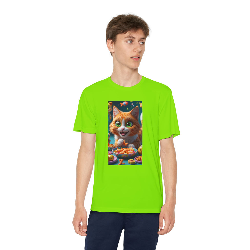 Youth Competitor Tee - Cat eating goldfish crackers, Kids T-shirt, Children's shirt, Funny animal graphic tee, Cat lover gift, Kids fashion
