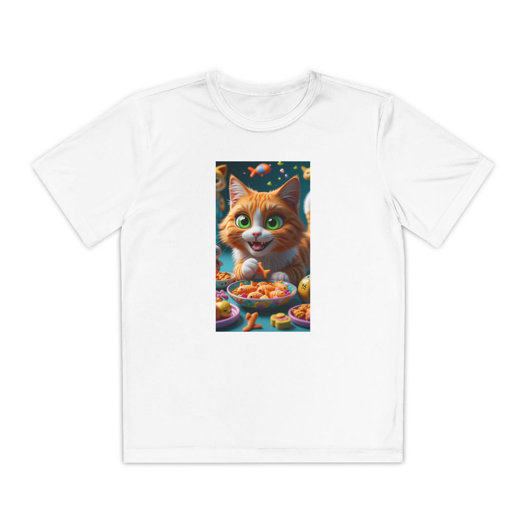 Youth Competitor Tee - Cat eating goldfish crackers, Kids T-shirt, Children's shirt, Funny animal graphic tee, Cat lover gift, Kids fashion