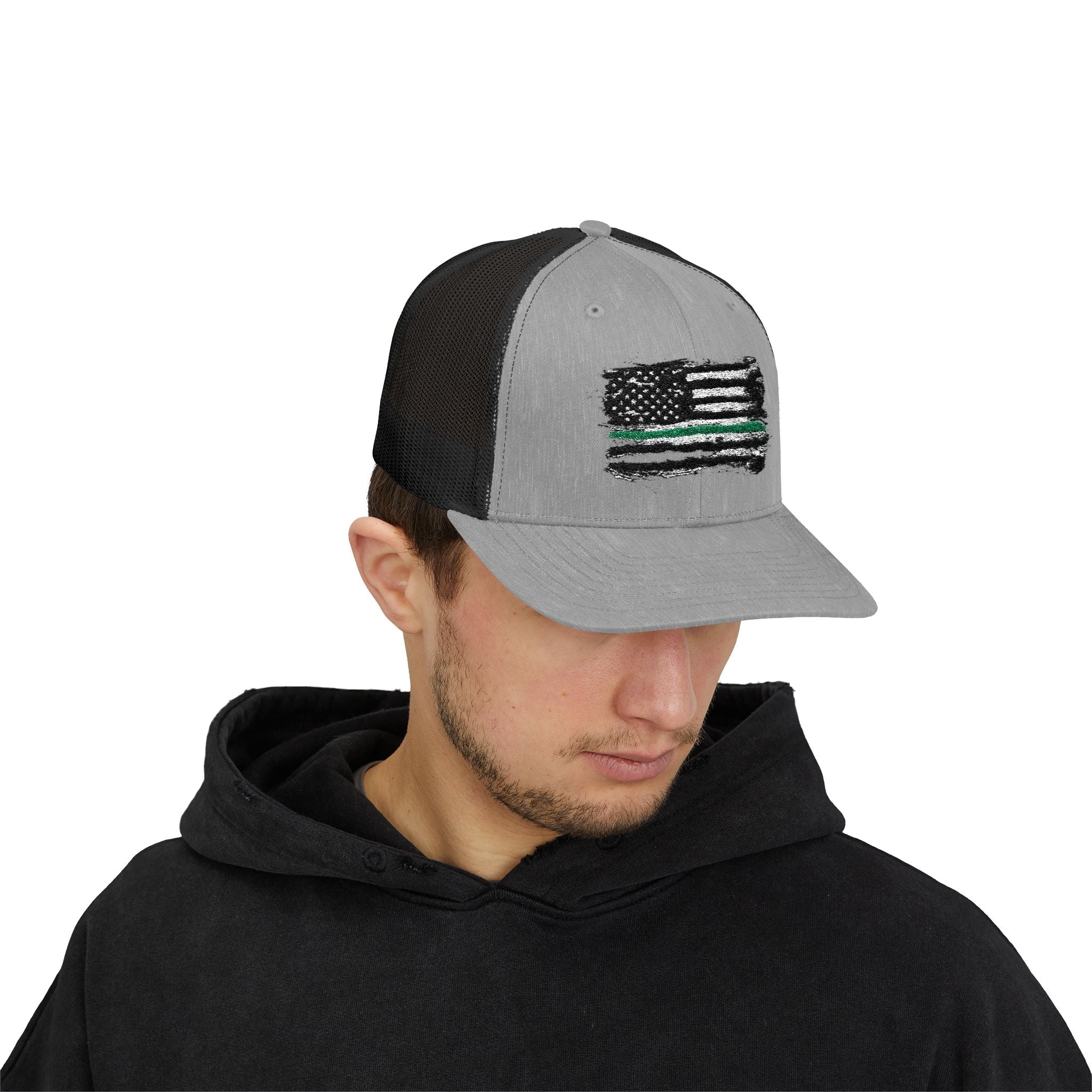 Thin Green Line Patriotic Snapback Trucker Cap with Thin Red Line Design, Ideal for First Responders, Supportive Gifts, Everyday Wear