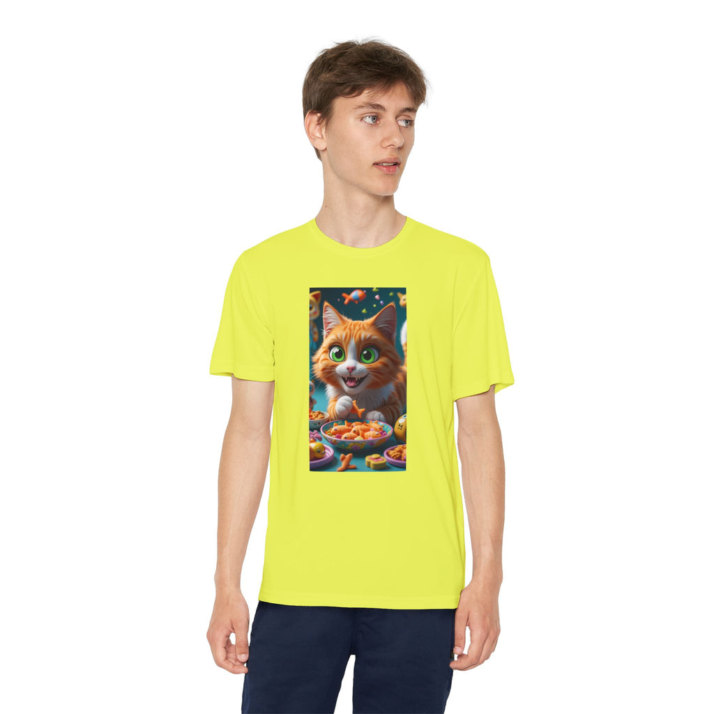 Youth Competitor Tee - Cat eating goldfish crackers, Kids T-shirt, Children's shirt, Funny animal graphic tee, Cat lover gift, Kids fashion